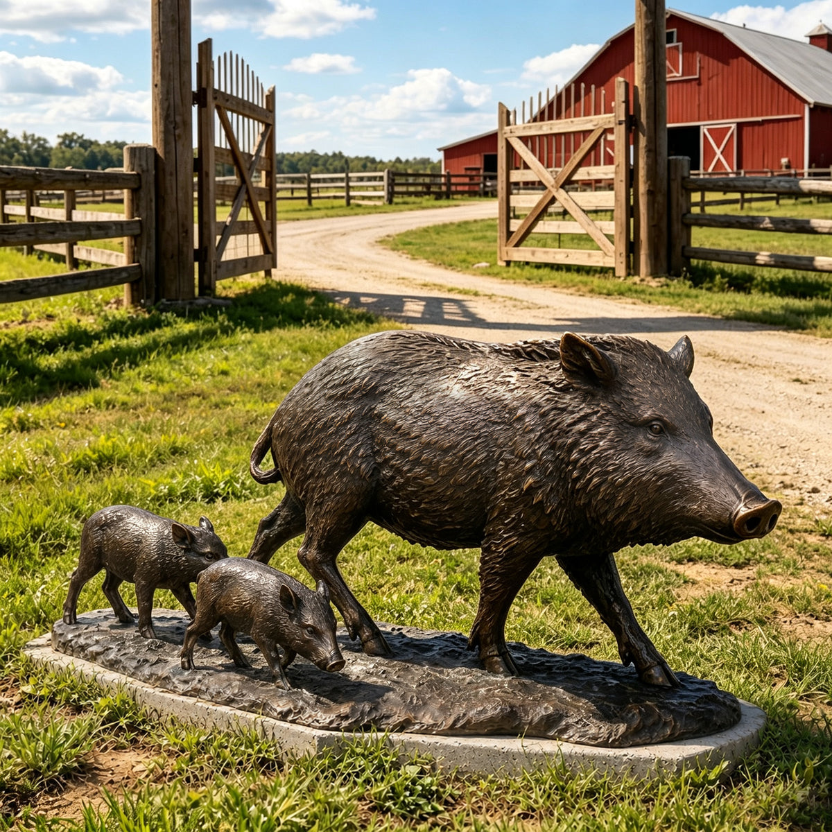 Front view of a rustic dark bronze wild boar with two piglets sculpture, featuring textured bristle coats and a natural walking pose.