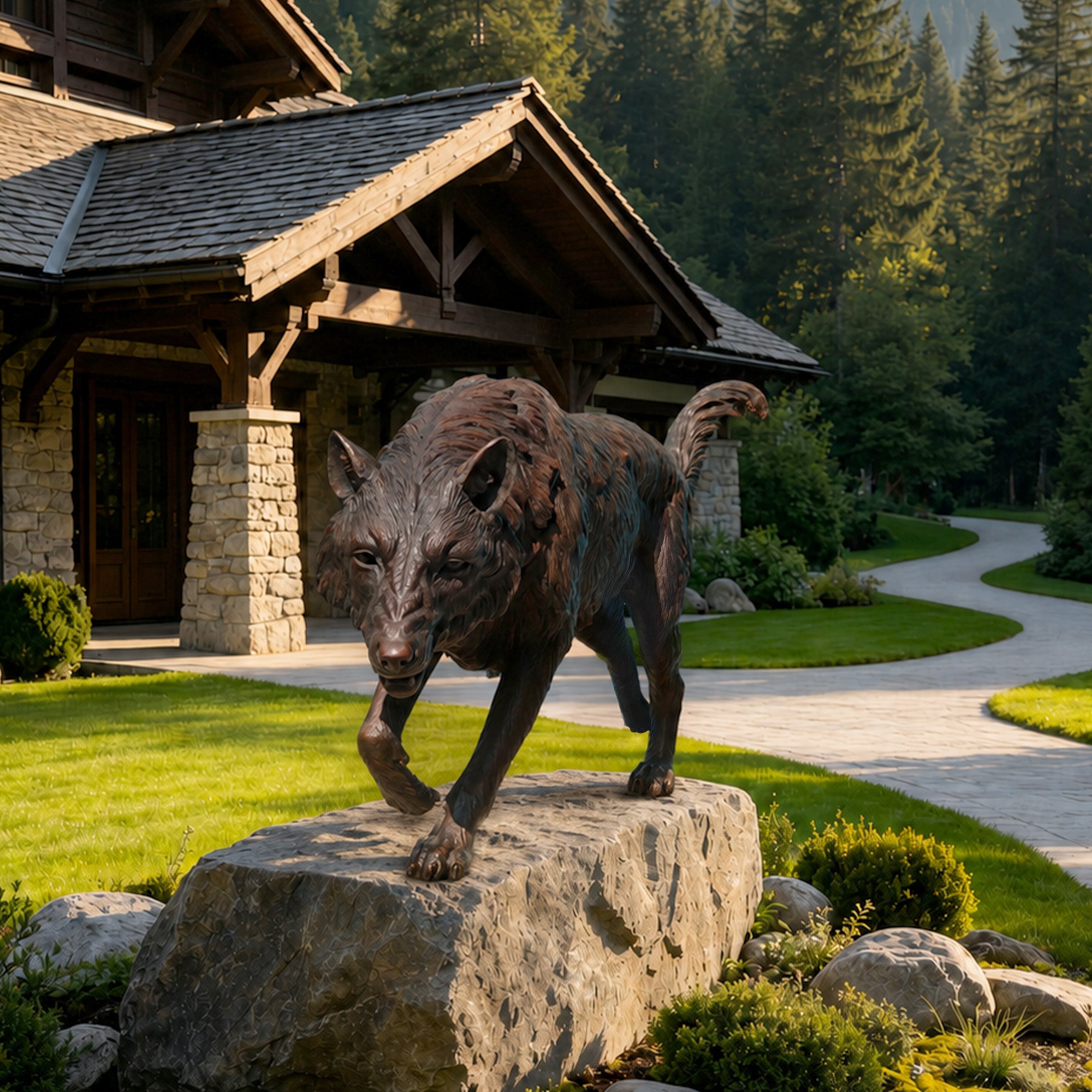 Bronze wolf garden sculpture displayed outdoors on a stone base, creating a natural landscape feature with realistic animal details and artistic craftsmanship.