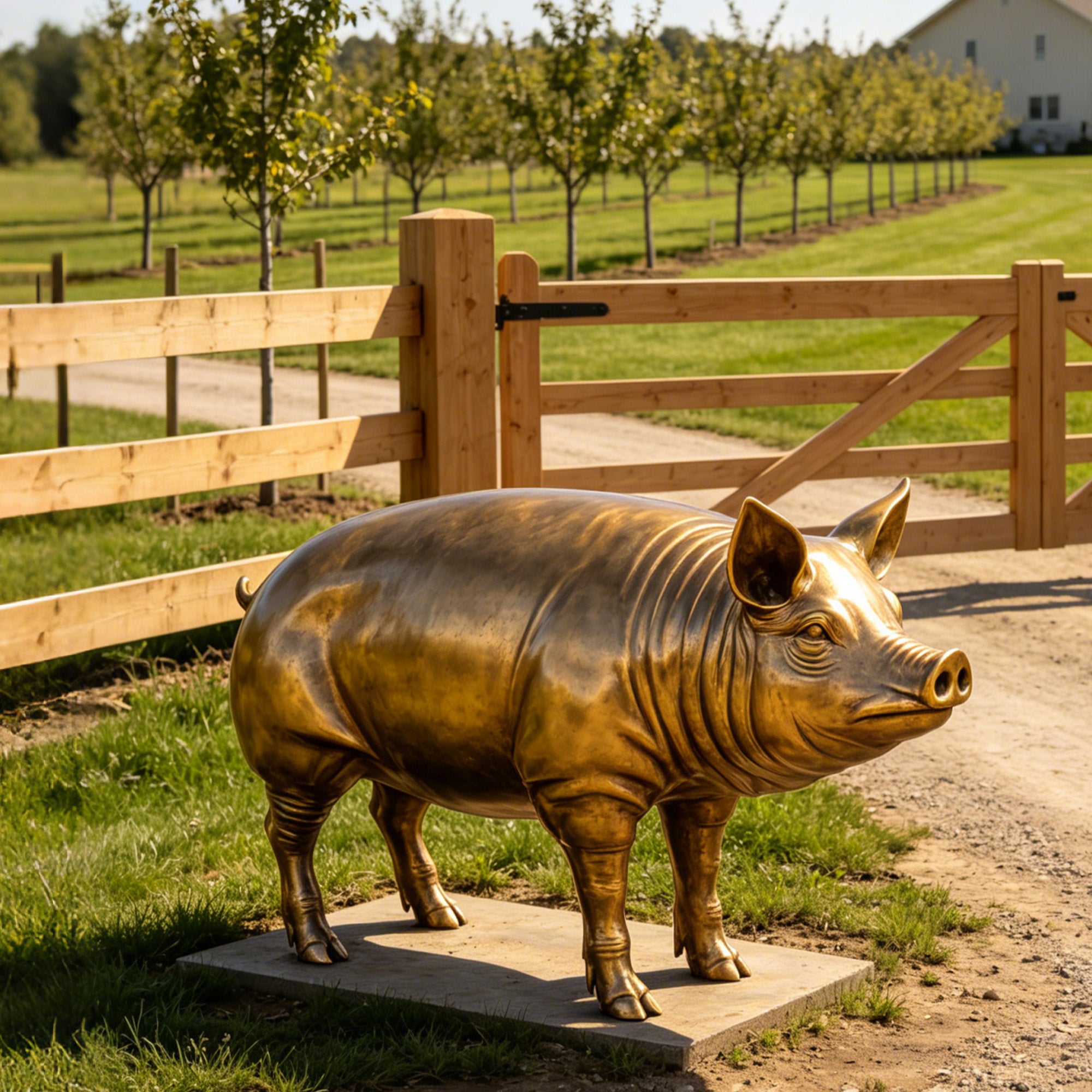 Golden bronze wild boar garden sculpture displayed outdoors on a stone base, with reflective finish and realistic animal design enhancing landscape decoration.