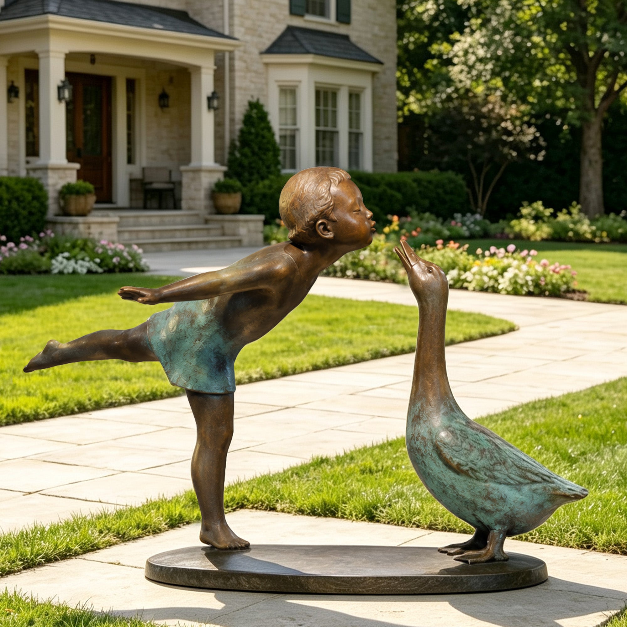 Bronze child and goose garden sculpture displayed outdoors, featuring a playful child reaching toward a goose with realistic details and aged patina finish.