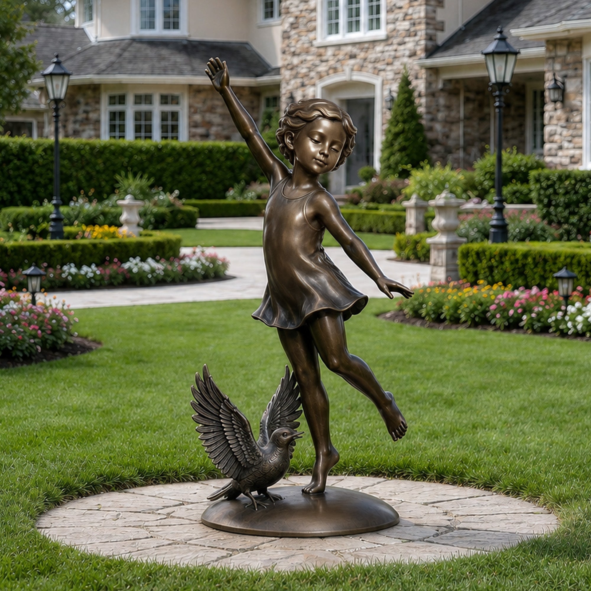 Bronze girl and bird garden sculpture with antique bronze finish, featuring a dancing child figure and detailed bird on a round base displayed in a landscaped outdoor garden.
