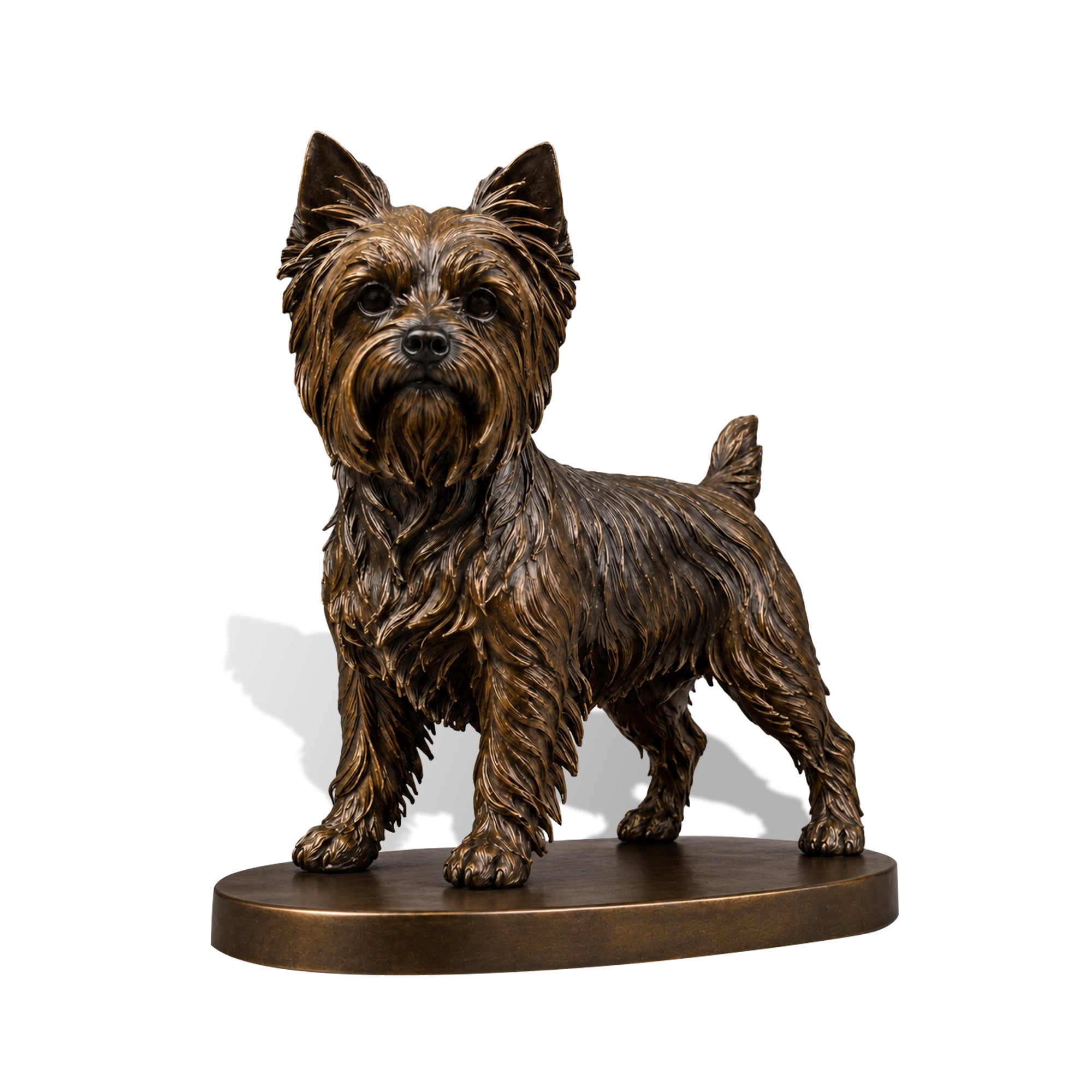 Realistic bronze Yorkshire Terrier sculpture with handcrafted fur details, expressive eyes, standing dog figure on a round base with elegant antique bronze surface finish.