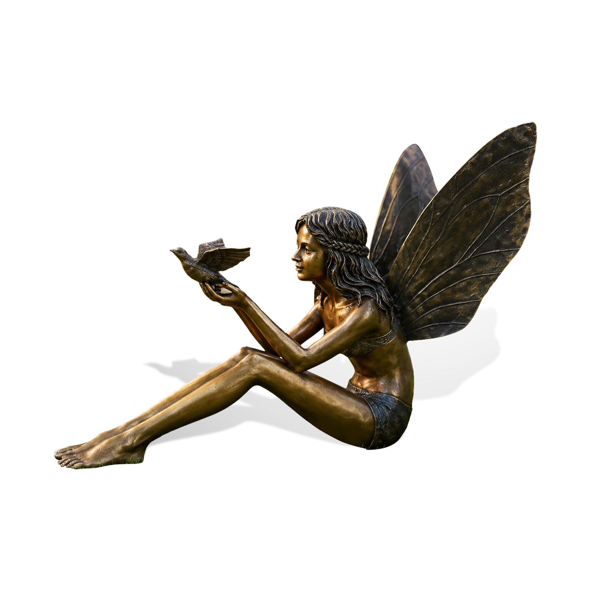 FINEST "Gentle Offering" Bronze Fairy with Bird Sculpture – Whimsical Garden Art for Magical Outdoor Spaces FB-331
