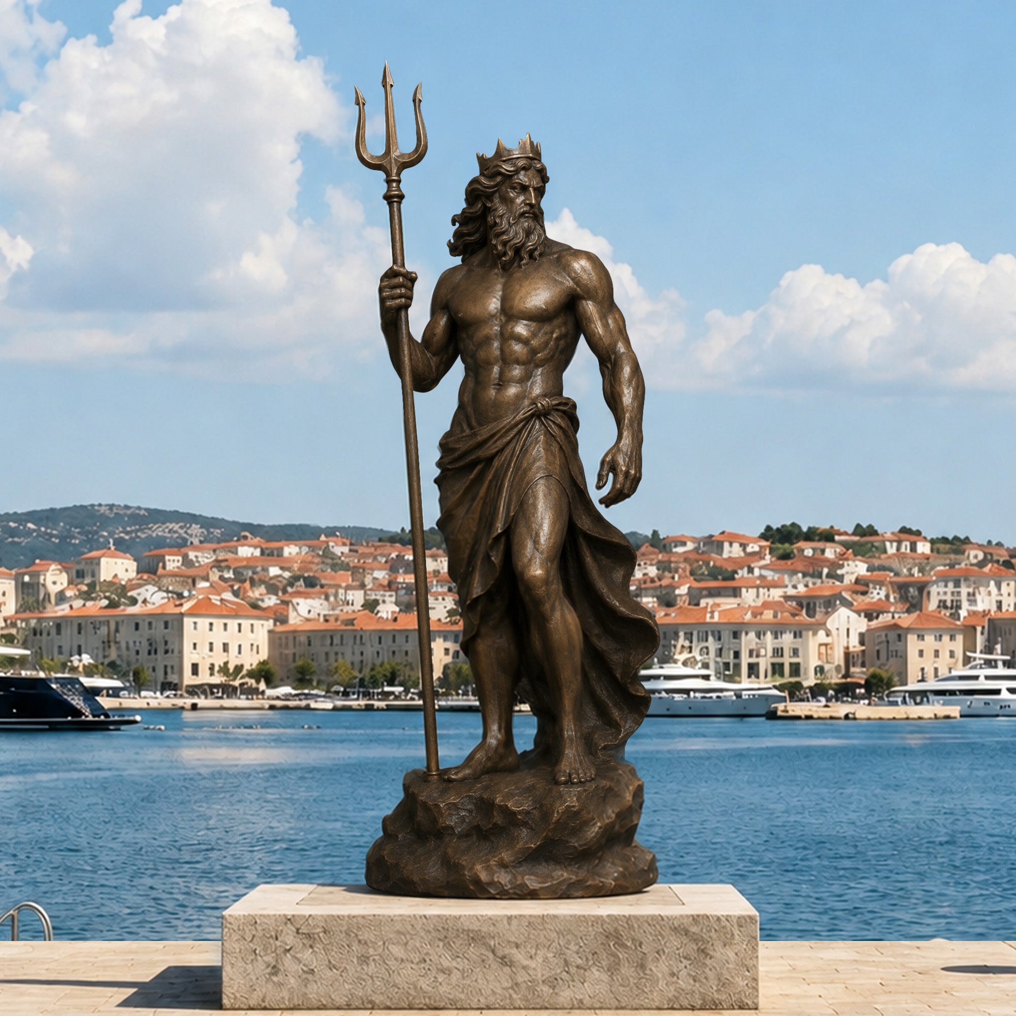 Outdoor bronze Poseidon sculpture with antique patina finish, showing the Greek god of the sea holding a trident on a stone base with detailed classical craftsmanship.