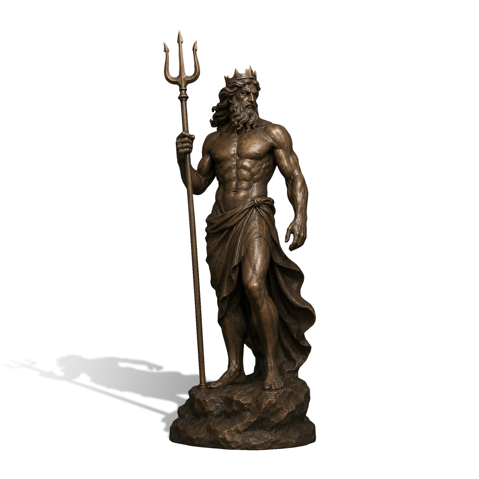 Bronze Poseidon statue with antique bronze finish, featuring Greek sea god holding a trident, muscular body, crown, flowing beard and detailed rock base sculpture.