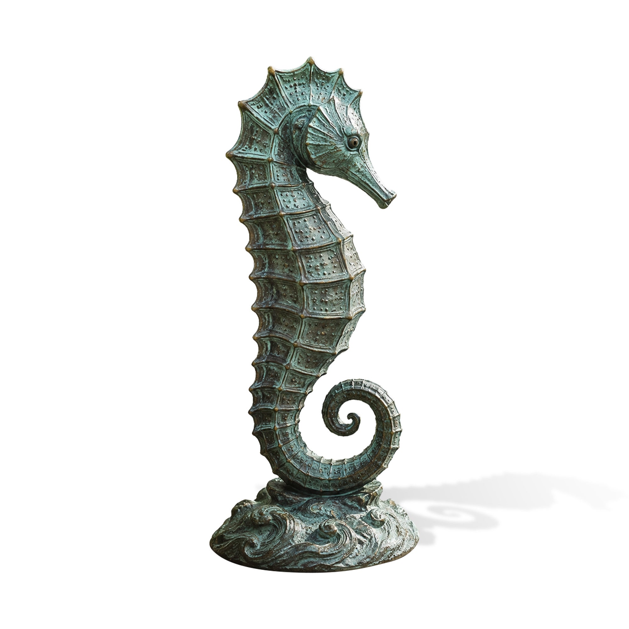 Antique bronze seahorse fountain statue with weathered verdigris patina finish, showing a detailed marine horse sculpture on a wave base for outdoor water features.