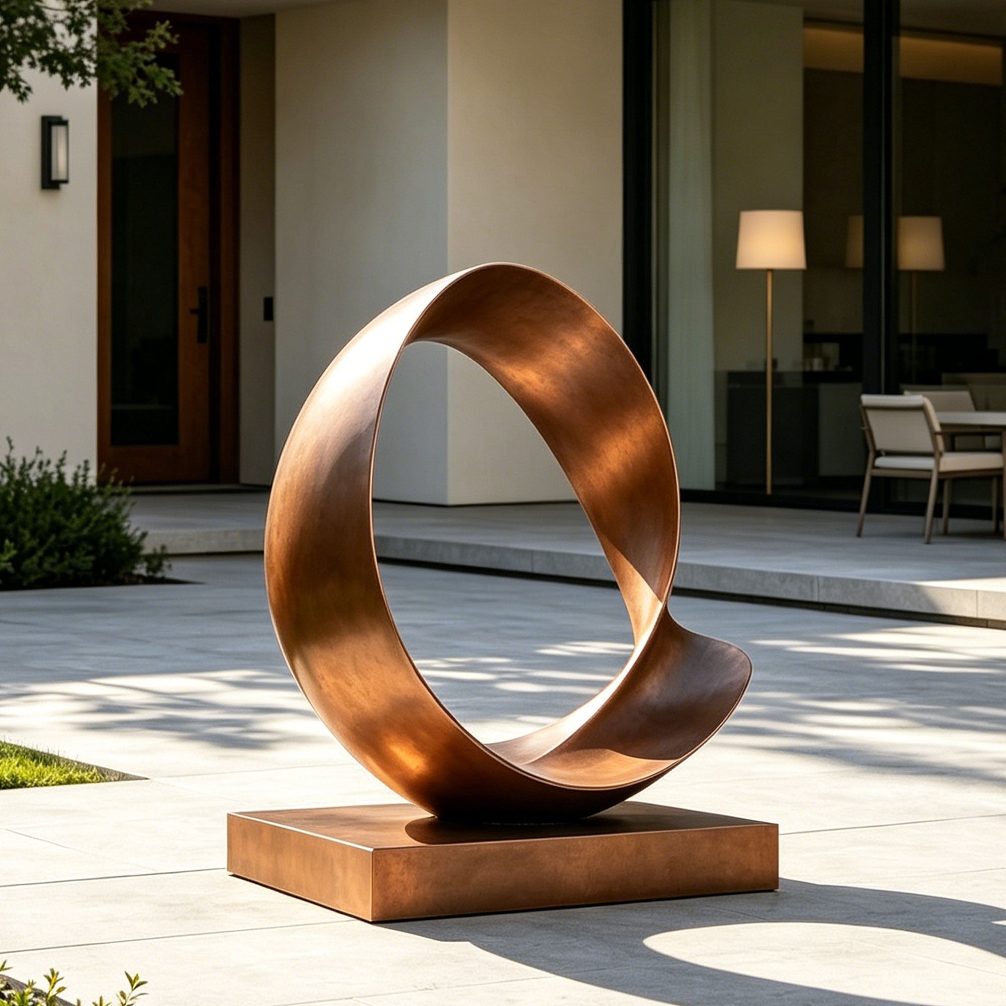 Modern bronze loop sculpture displayed in a luxury outdoor garden, featuring a smooth curved abstract form with warm bronze finish and contemporary artistic design.
