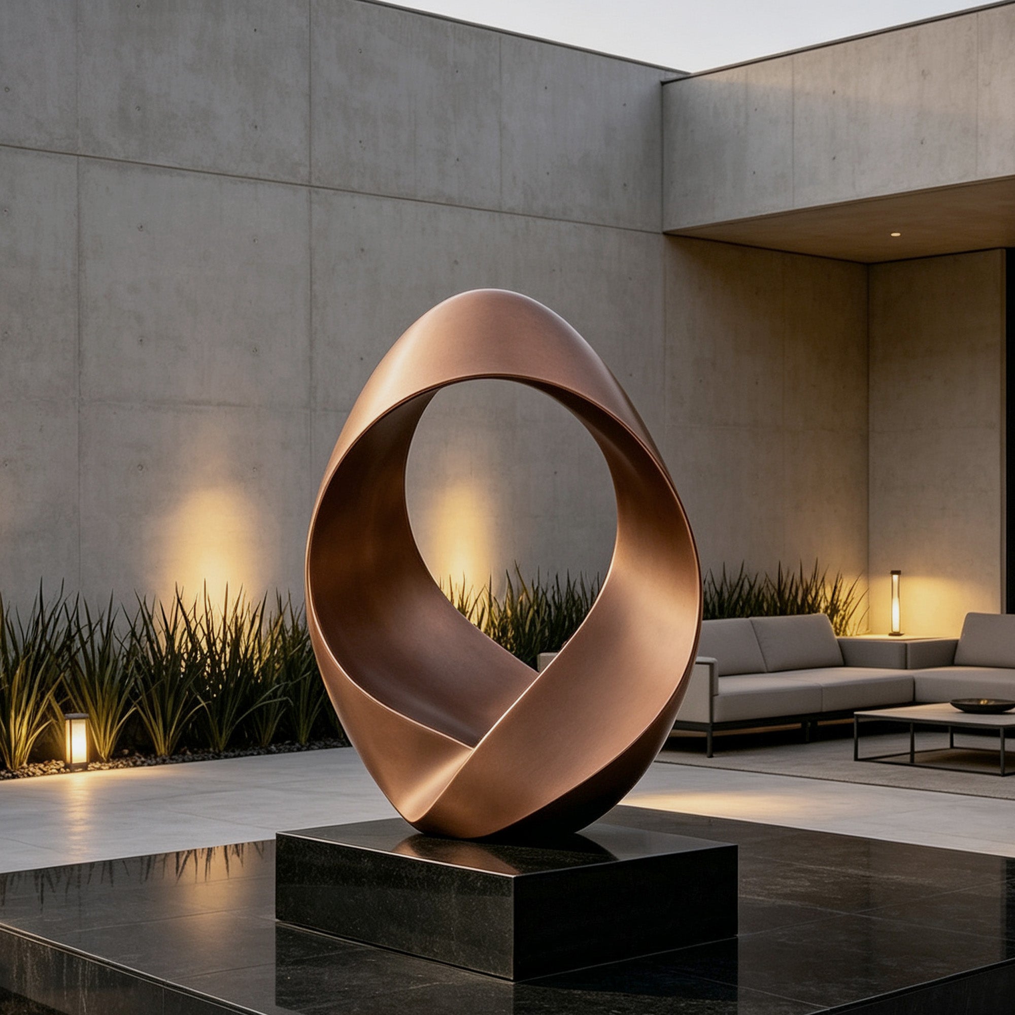 Modern bronze loop sculpture installed in a contemporary courtyard, featuring an elegant oval design, handcrafted bronze finish and minimalist outdoor architectural style.