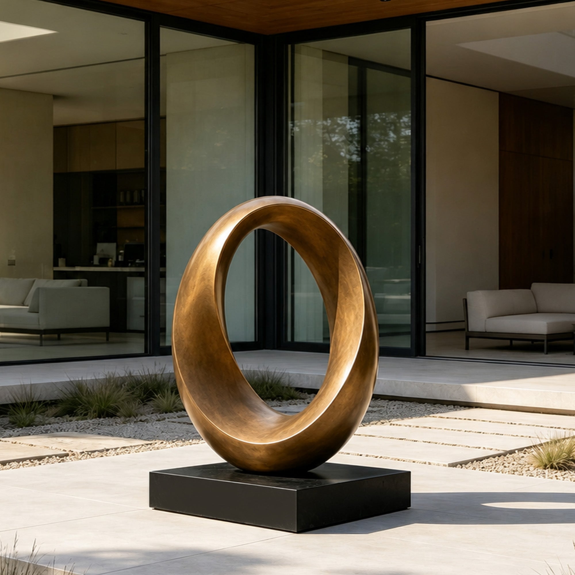 Modern bronze oval loop sculpture installed in a luxury courtyard, featuring handcrafted bronze finish, minimalist geometric form and elegant outdoor landscape decoration.