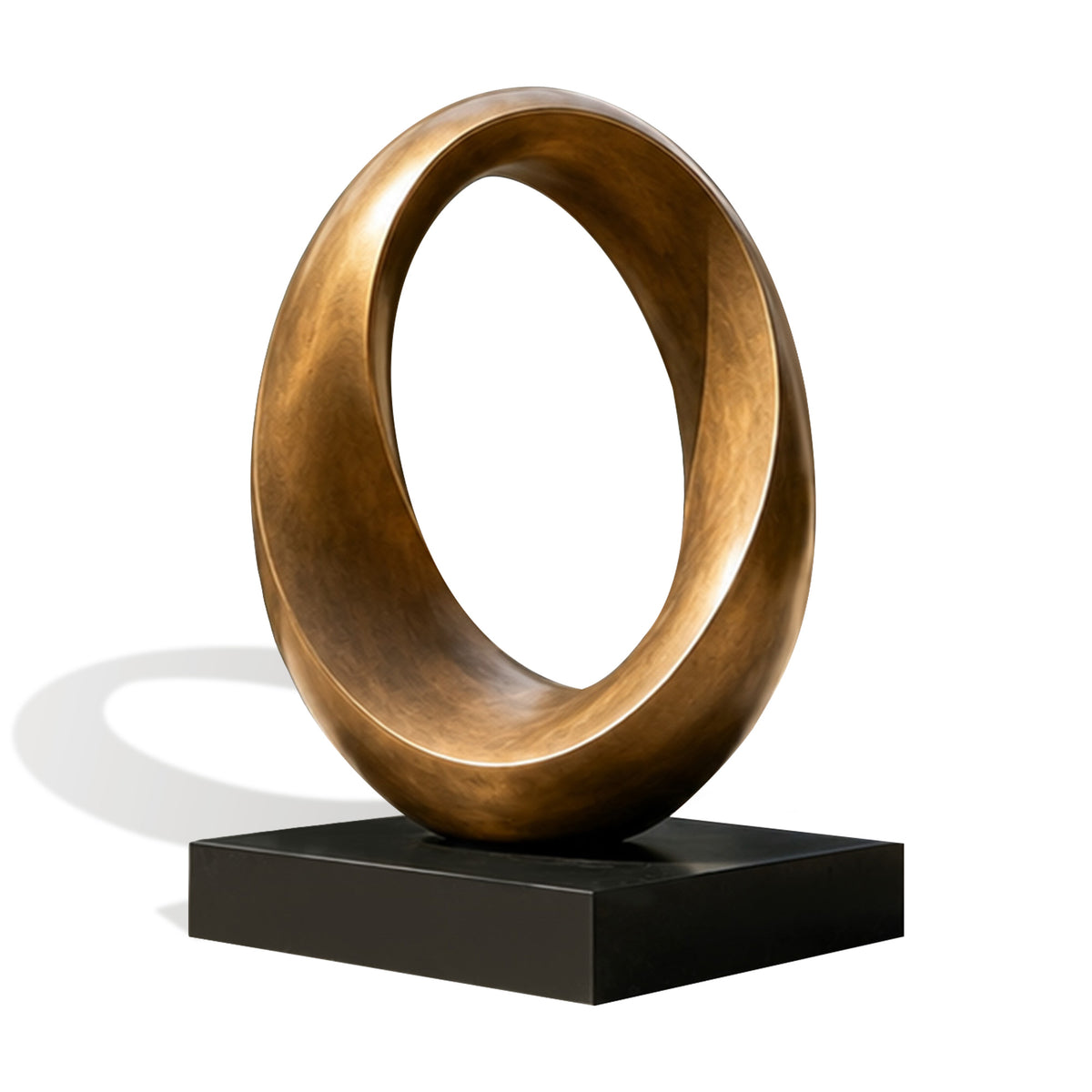 Abstract bronze oval loop sculpture with smooth flowing curves, elegant hollow design and warm bronze finish, displayed on a black base for contemporary art decoration.