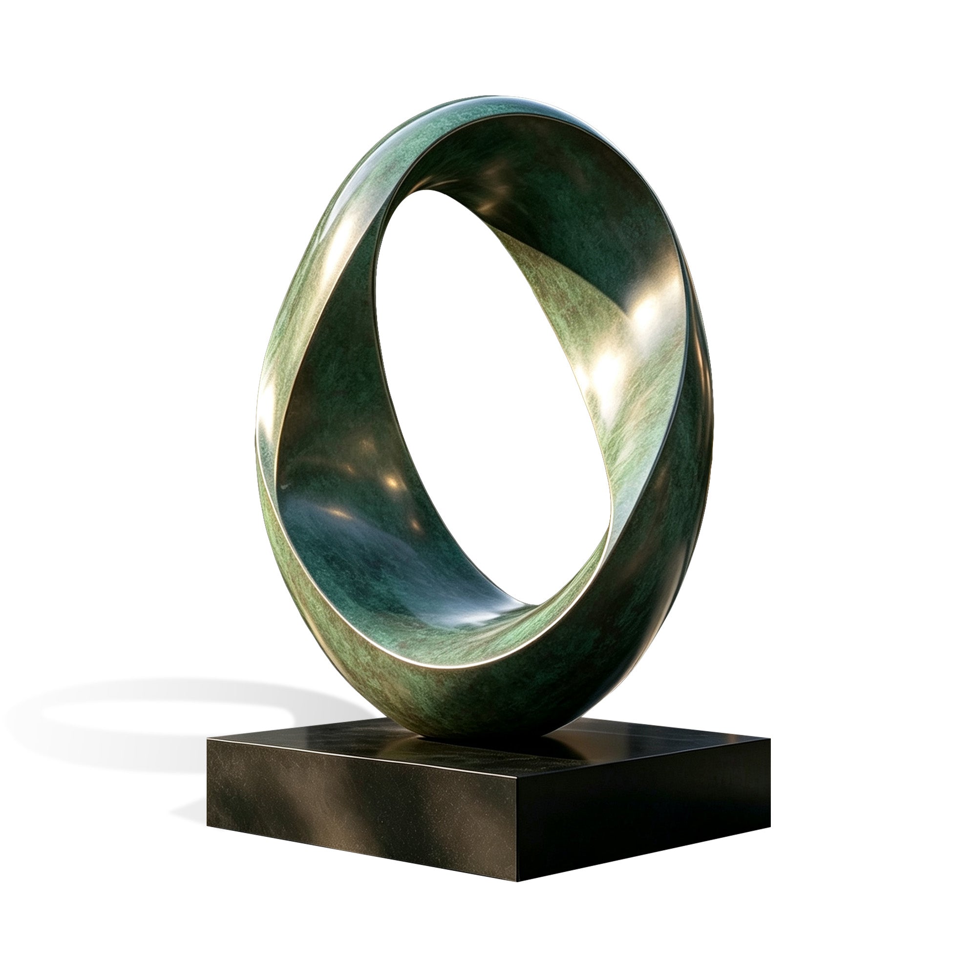 Abstract green bronze ring sculpture with flowing oval form, hollow geometric design and handcrafted patina bronze finish, created for modern indoor and outdoor spaces.