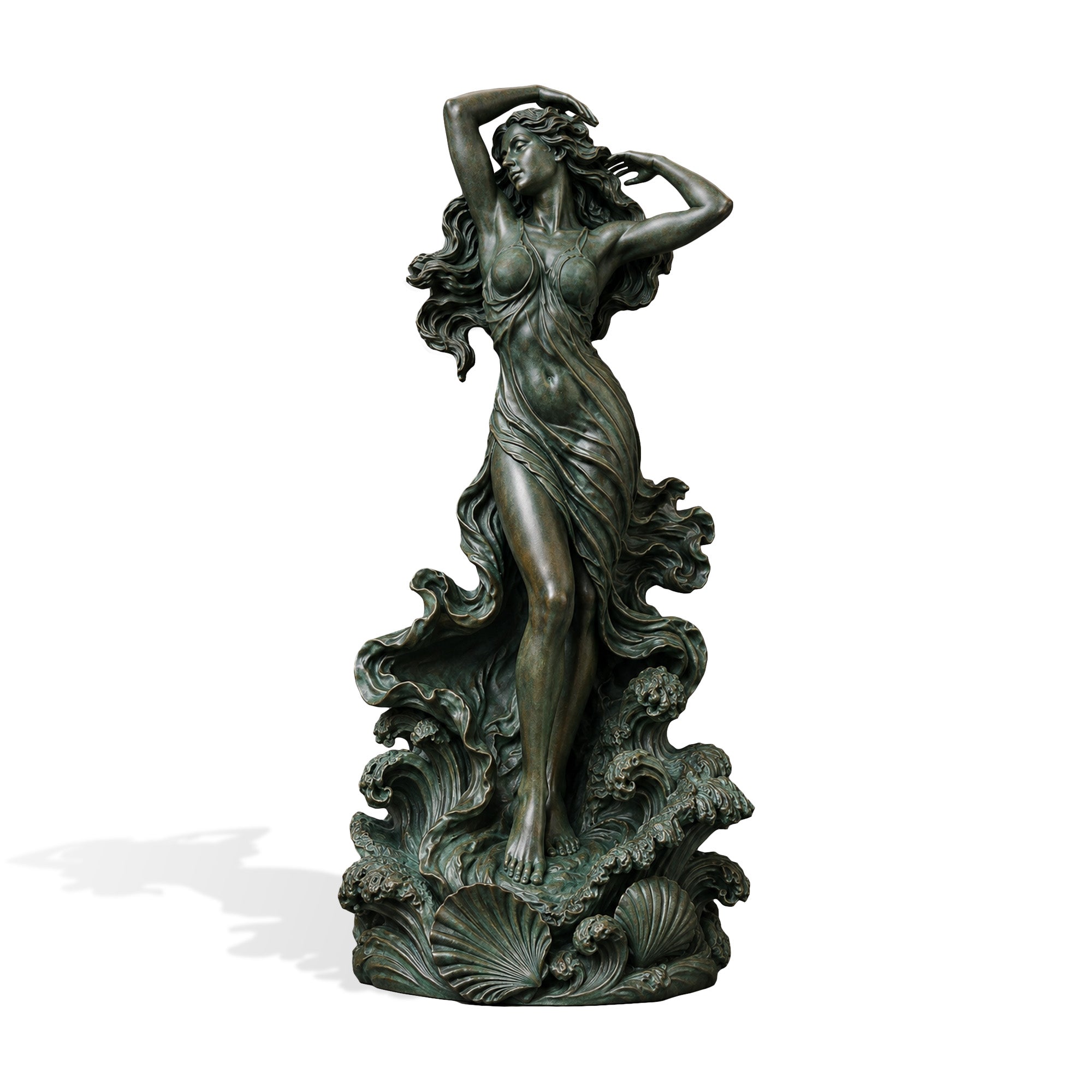 Classical bronze woman sculpture with flowing hair, draped details and ocean wave base design, handcrafted with antique green patina bronze finish for outdoor art.
