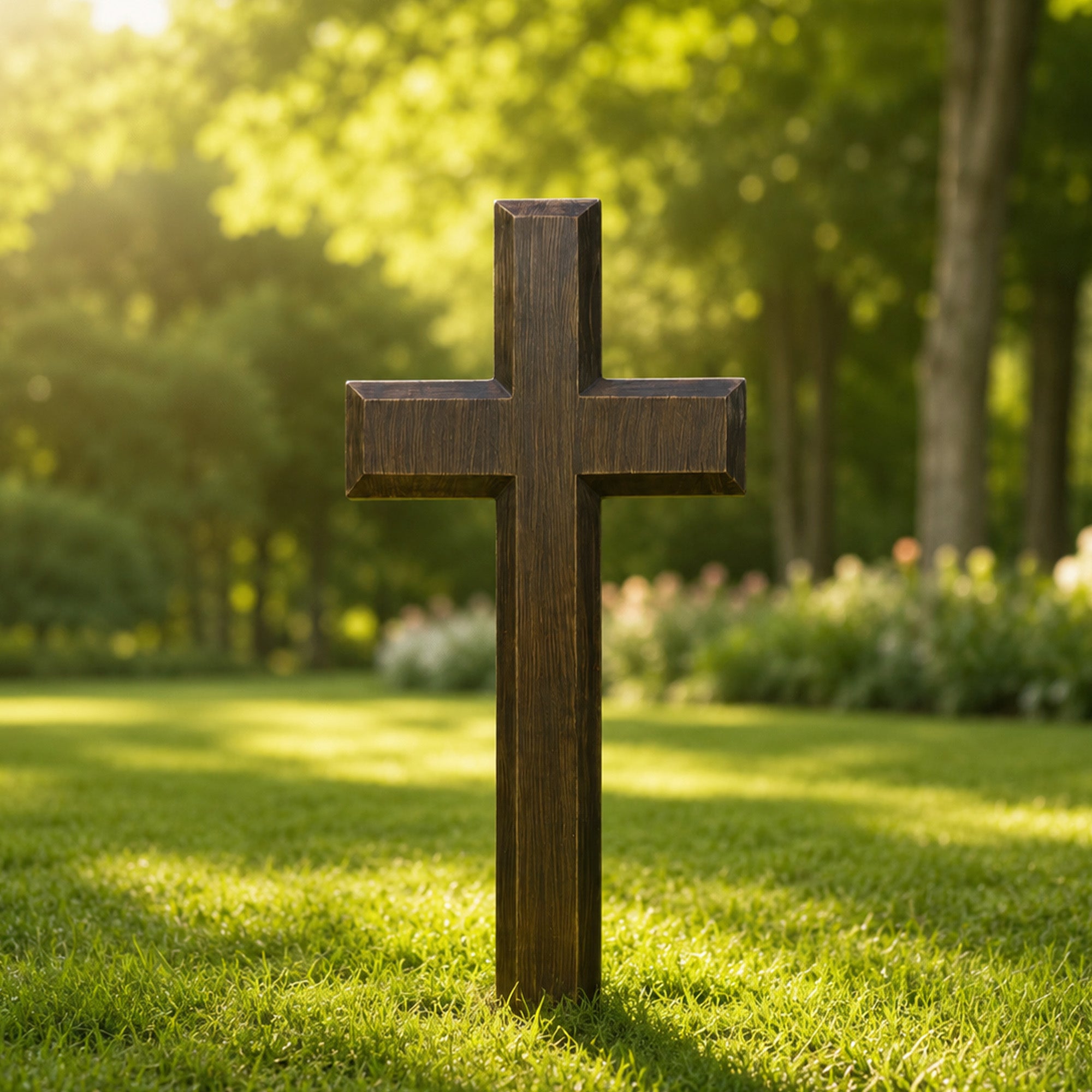 Outdoor bronze cross sculpture placed in a garden landscape, featuring minimalist modern form, architectural lines and weather-resistant antique bronze finish.