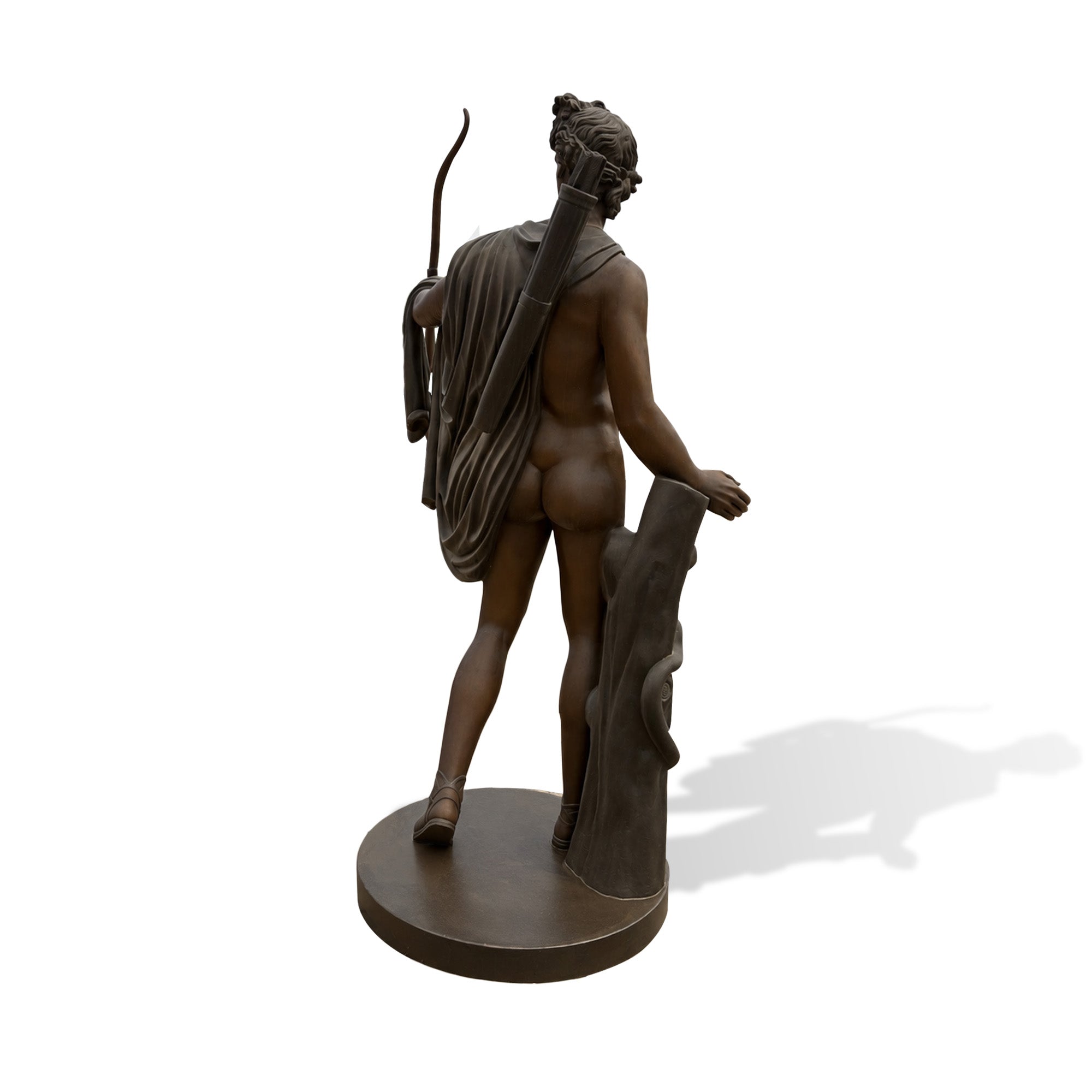 Back view of a bronze archer warrior statue showing detailed robe folds, quiver, bow and handcrafted bronze casting, featuring traditional antique patina finish.