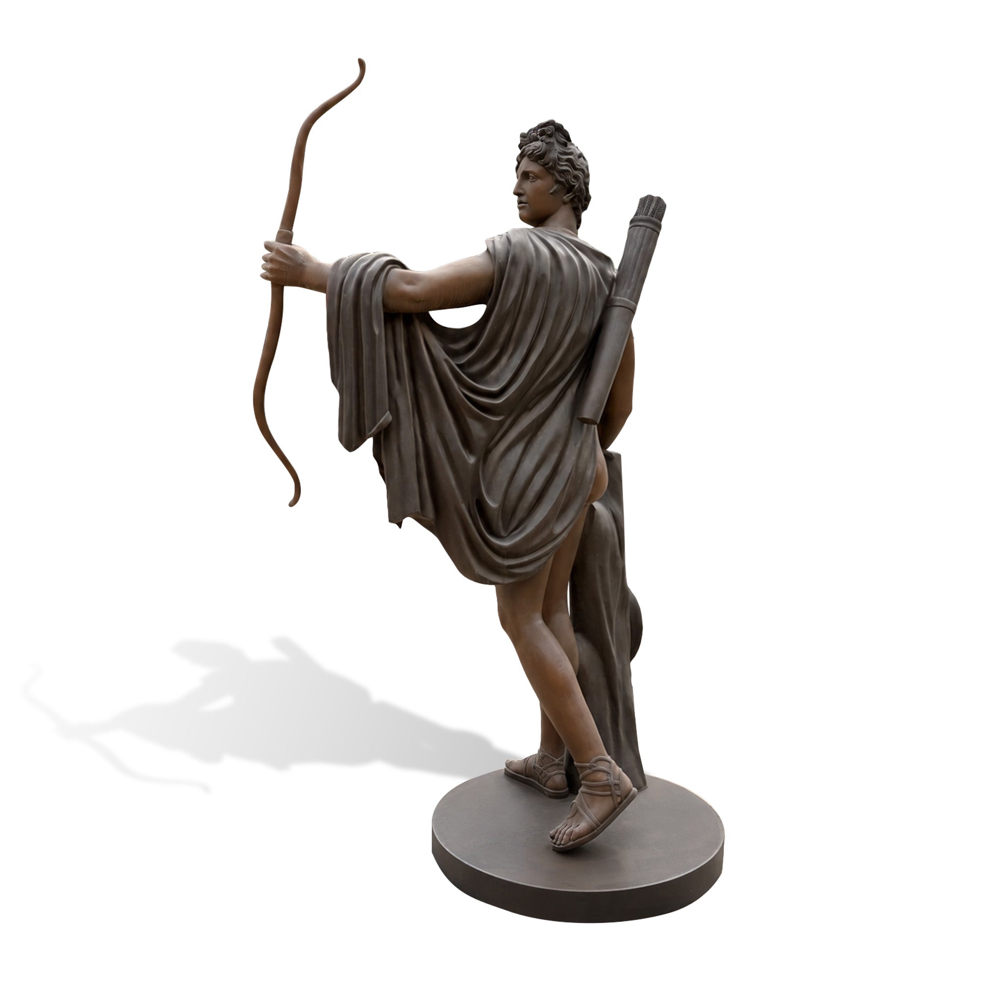 Bronze Greek archer statue holding a bow with detailed classical clothing, quiver and realistic human anatomy, handcrafted ancient warrior sculpture with antique bronze finish.
