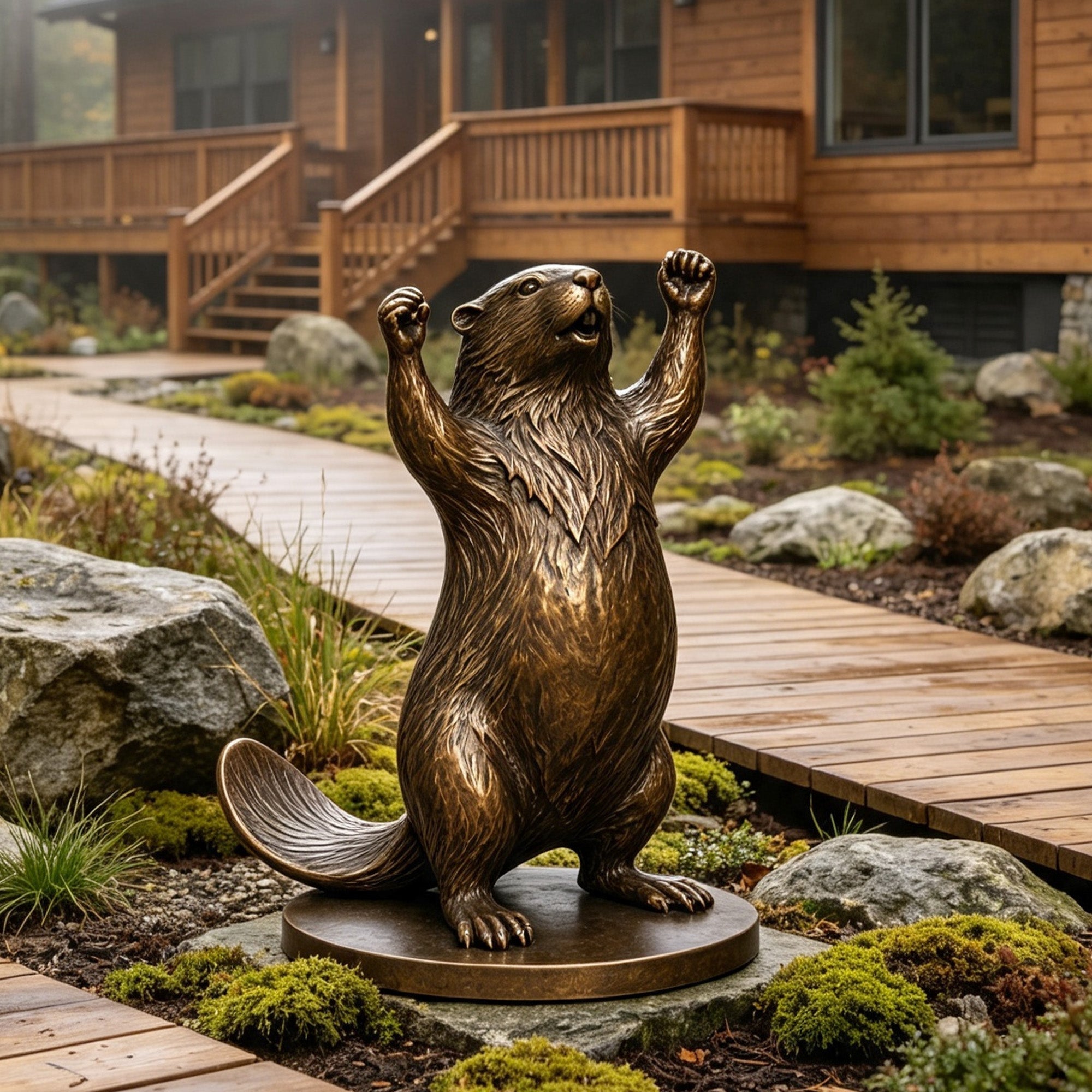 Standing bronze beaver animal statue with raised front paws, textured fur, expressive facial details and a broad sculpted tail on a round bronze base.