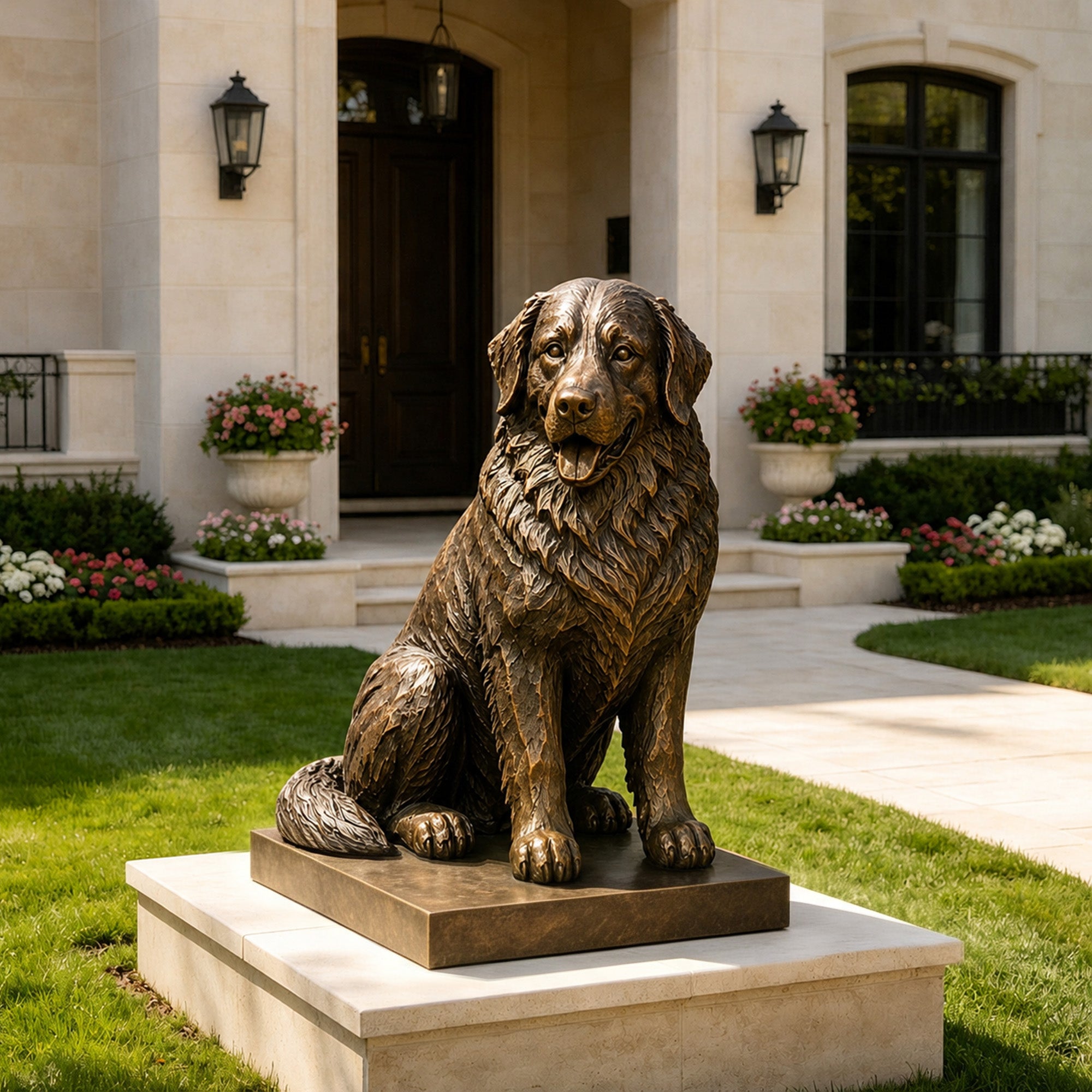 Lifelike bronze dog statue displayed on a stone pedestal in a luxury villa garden, with detailed textured fur, expressive features and a warm antique bronze finish.