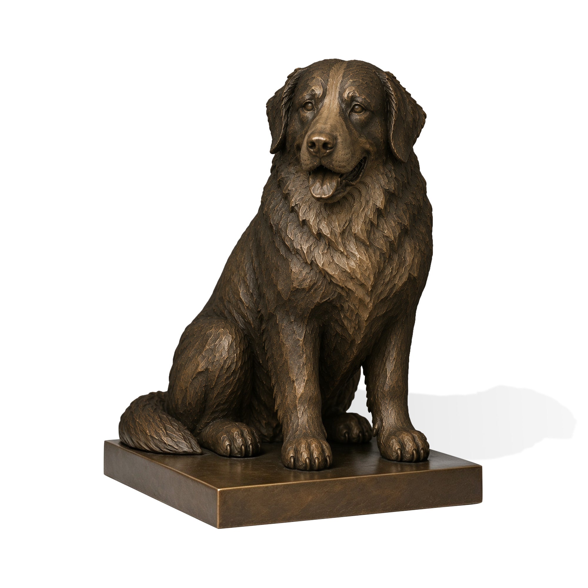 Large realistic bronze dog sculpture in a seated pose, featuring finely modeled fur, expressive facial details, large paws and a warm antique bronze finish on a rectangular base.