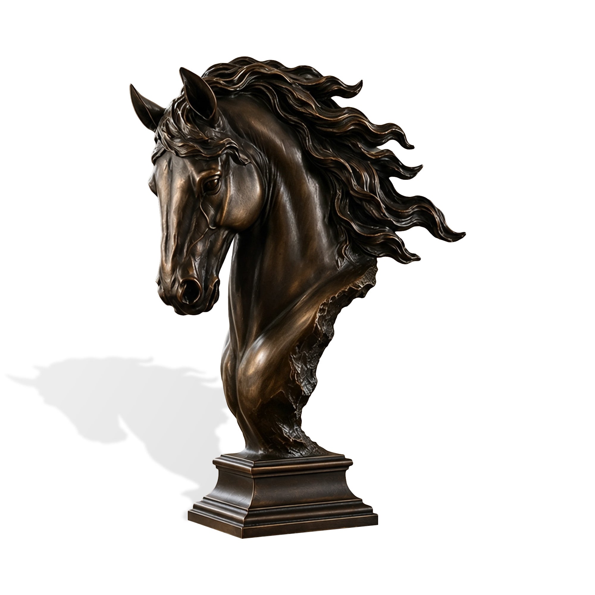 Bronze horse bust sculpture with a dramatic flowing mane, finely modeled facial features, muscular neck and sculpted contours, finished in rich dark antique bronze on a classical pedestal base.