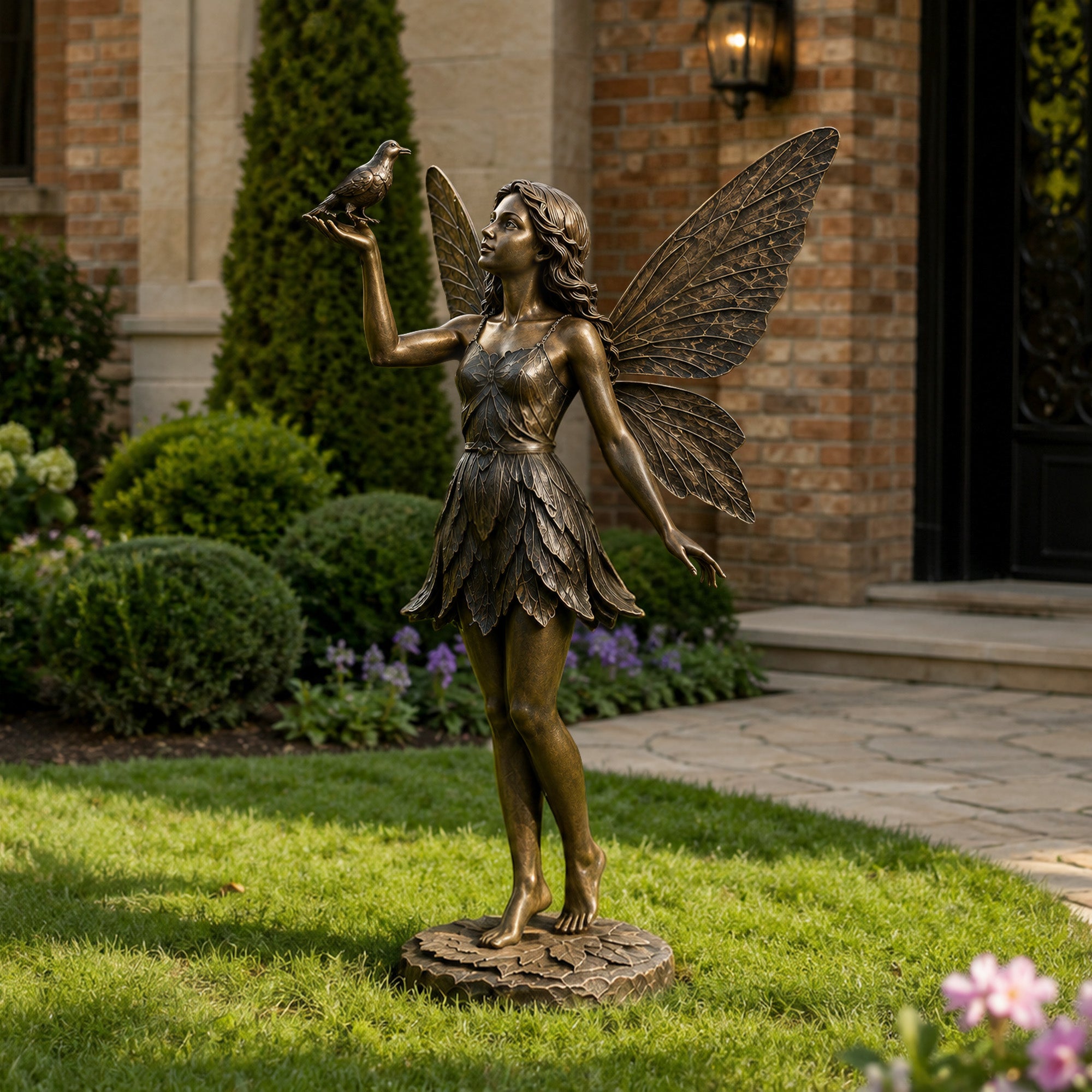 Elegant bronze fairy statue holding a bird in a landscaped garden, featuring intricate butterfly wings, flowing leaf-inspired clothing and a warm antique bronze patina.