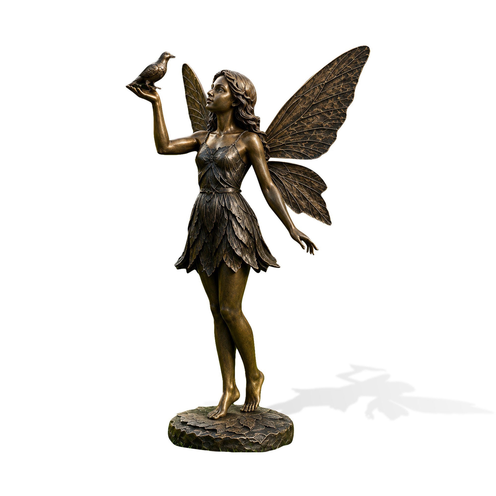 Bronze fairy with bird sculpture featuring a graceful winged female figure holding a small bird in her raised hand, detailed butterfly wings, layered leaf dress and antique bronze finish.