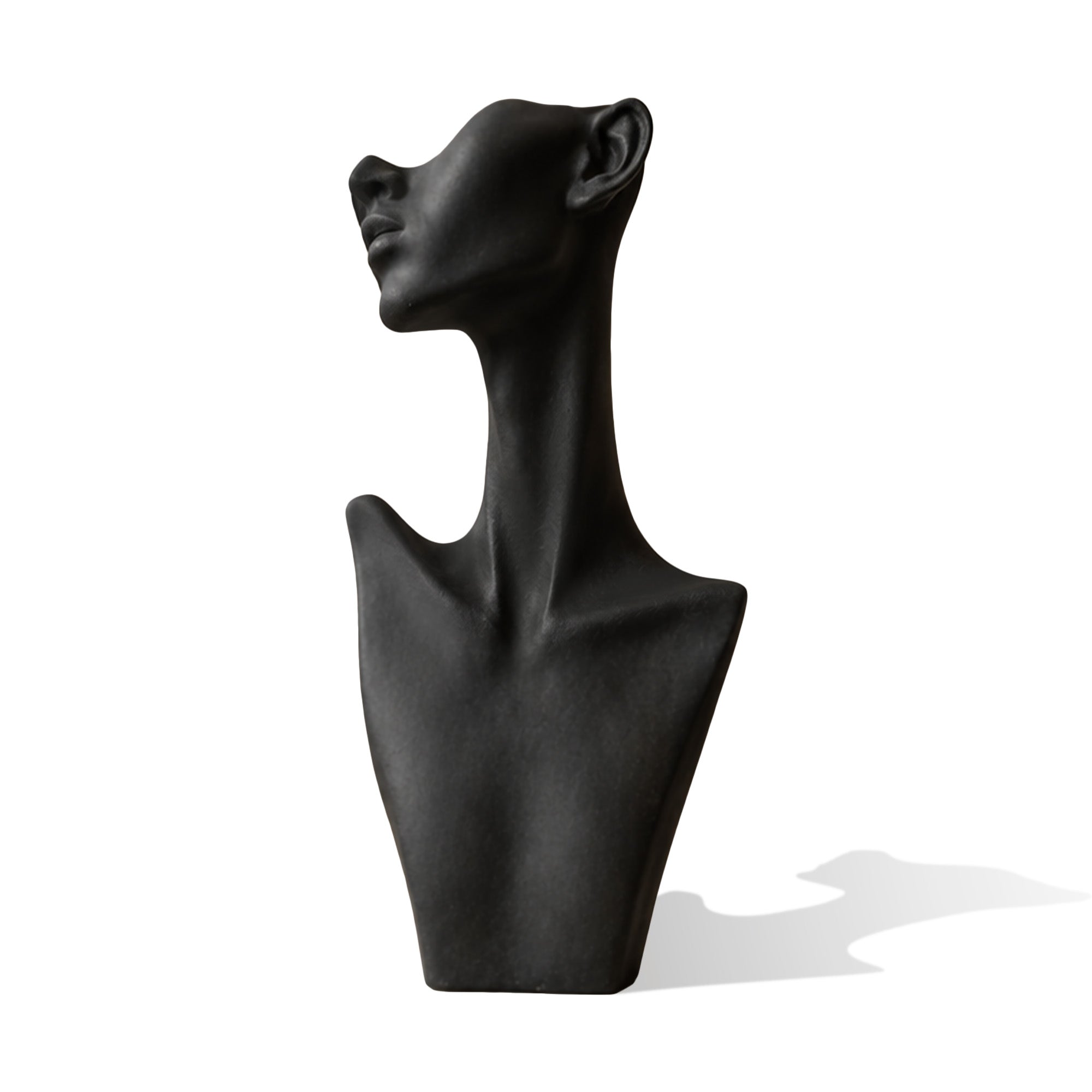 Modern abstract bronze woman bust sculpture featuring an elongated neck, stylized shoulders, upward-facing profile and smooth black patina finish.