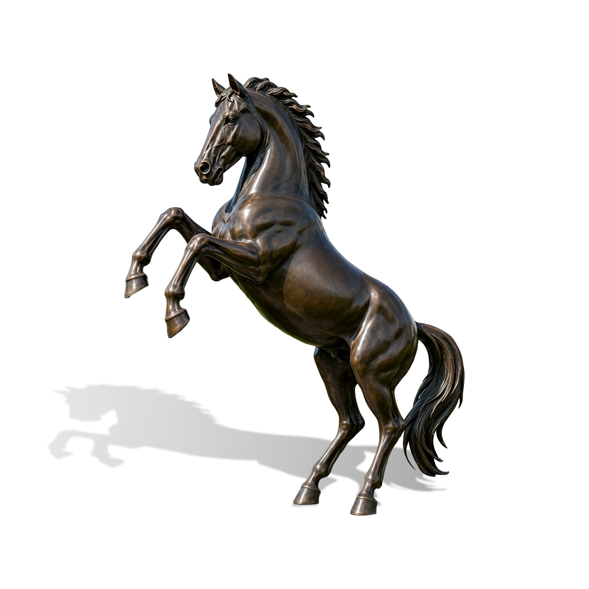 Front view of an antique warm bronze rearing horse sculpture with a flowing mane and muscular physique against a white background.