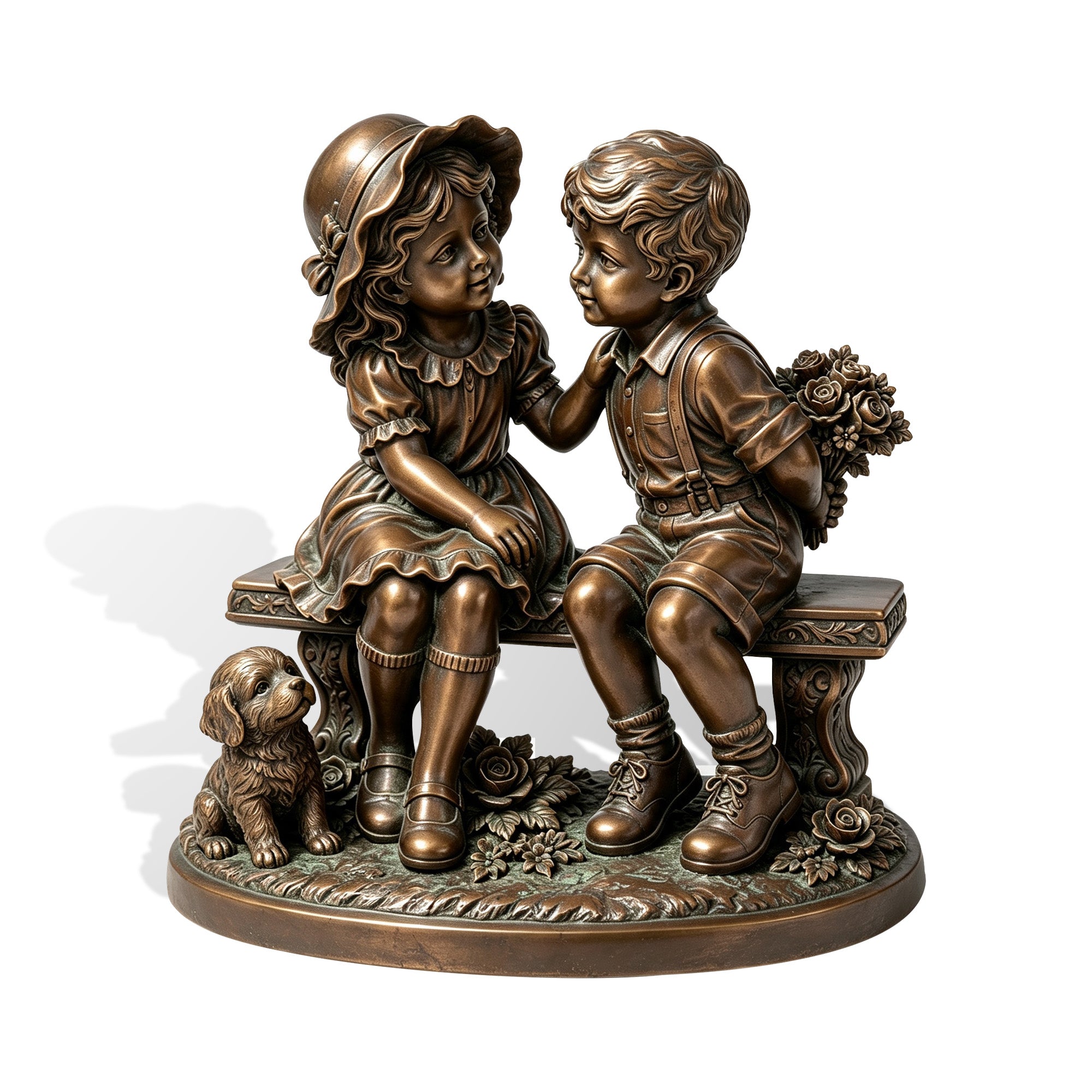 Bronze sculpture of a boy and girl sitting together on an ornate bench with a small dog and flowers, featuring detailed children's figures and antique bronze patina finish.