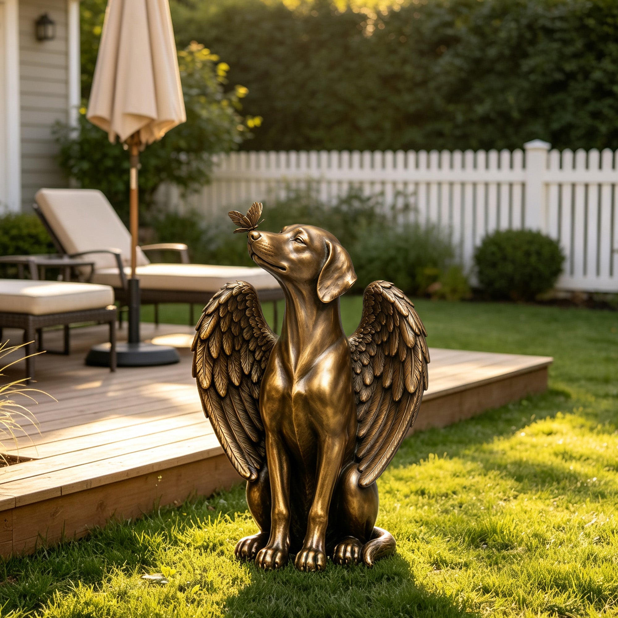 Bronze winged dog garden statue with a butterfly perched on its nose, displayed on a sunny backyard lawn beside a wooden patio, outdoor seating, and white fence.