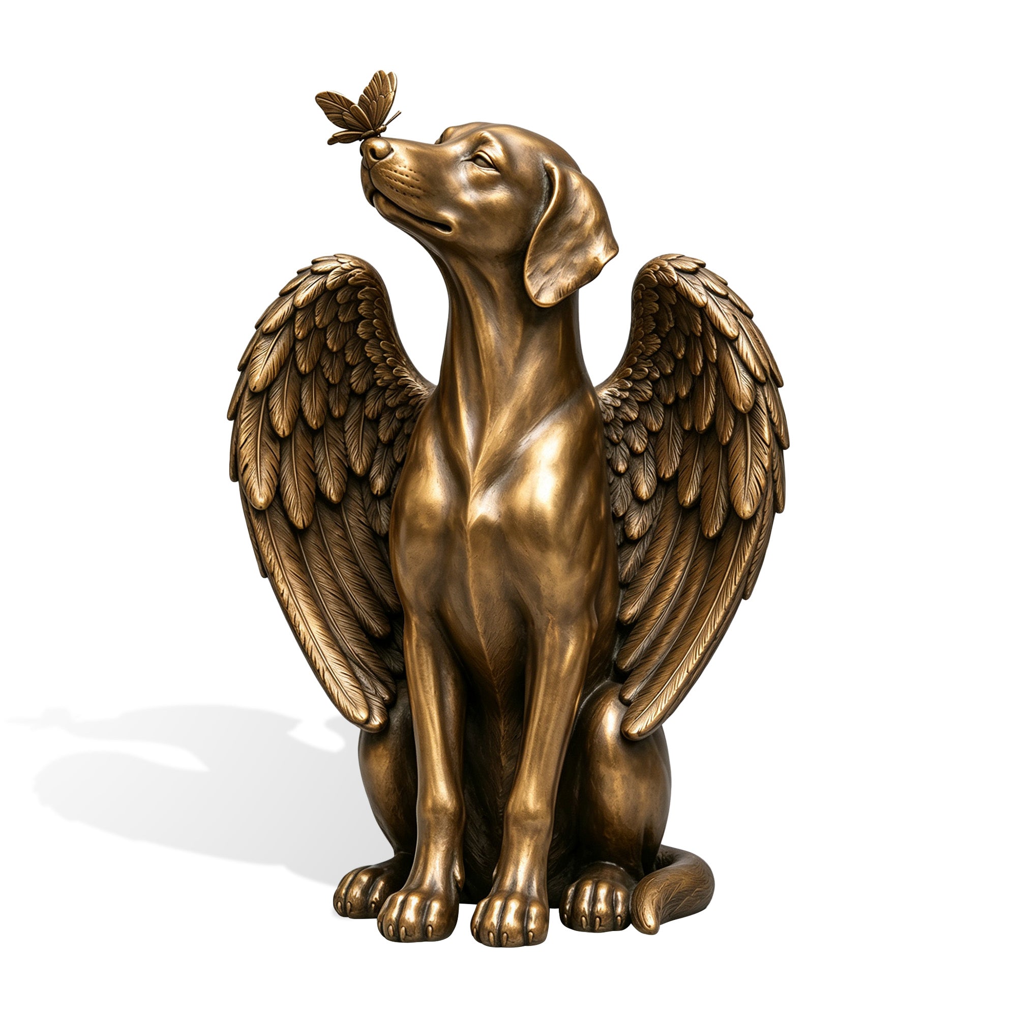 Front product view of a bronze angel dog sculpture seated with large feathered wings, its head raised toward a delicate butterfly resting on its nose, with detailed feathers and an antique bronze patina.