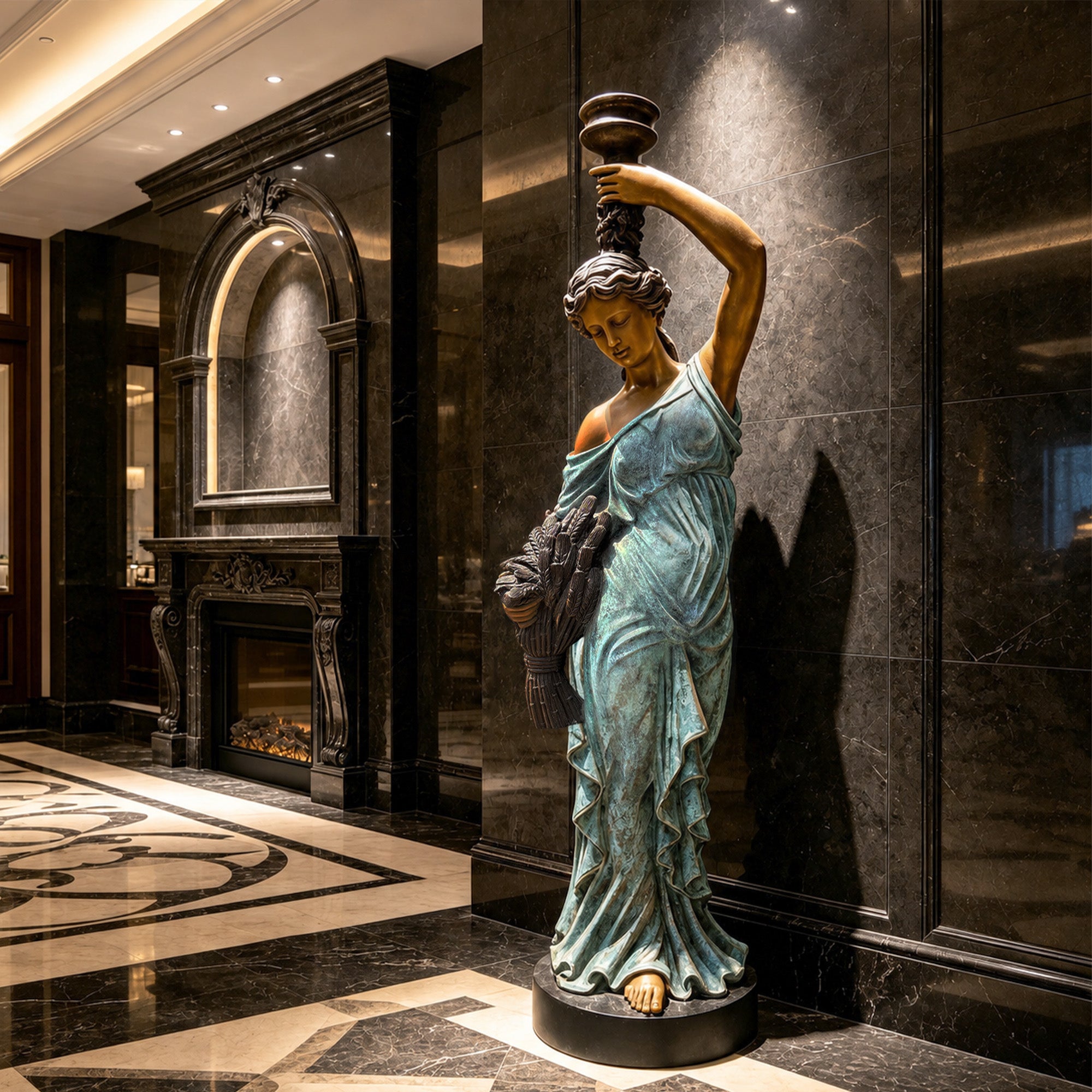 Classical bronze female statue with verdigris patina finish, holding a raised vessel and harvest sheaf, displayed in a luxurious marble interior.