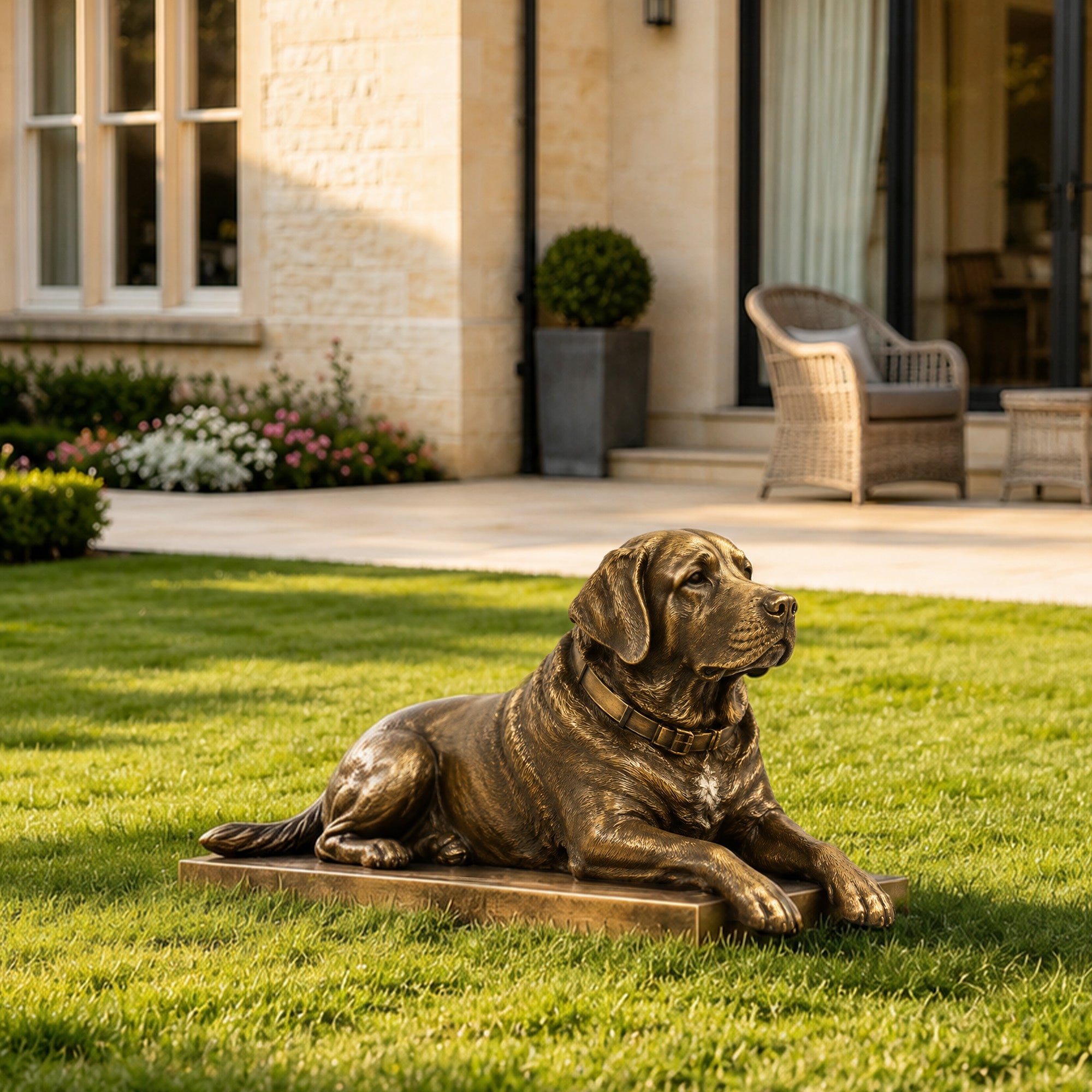 Bronze Labrador dog sculpture in a realistic resting pose with detailed fur, collar, and antique bronze finish, displayed on a green lawn outside a luxury home.