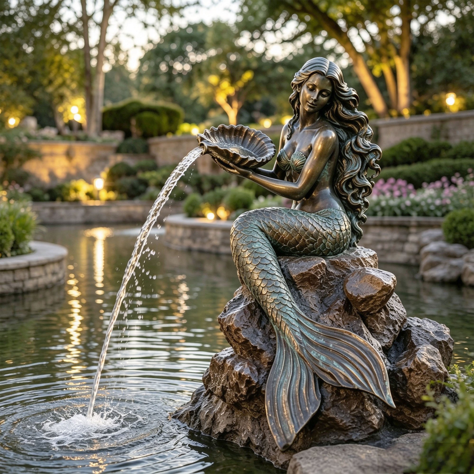 Bronze mermaid garden fountain sculpture with water flowing from a scallop shell bowl into a pond, featuring detailed scales, flowing hair, tail fins, and a natural rock base.
