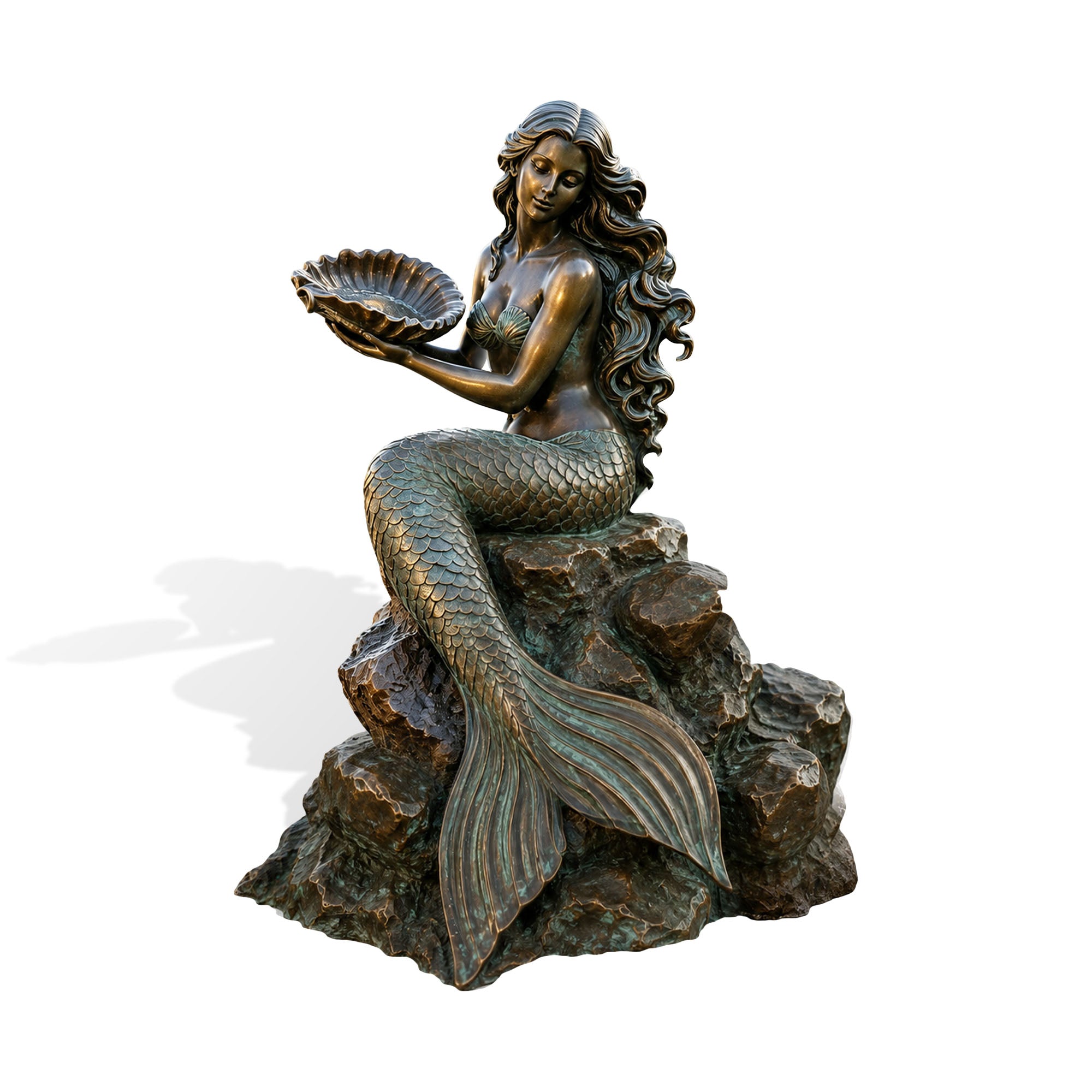 Bronze mermaid fountain sculpture featuring a seated mermaid holding a scallop shell bowl, detailed fish scales, flowing hair, large tail fins, and a sculpted rock base.