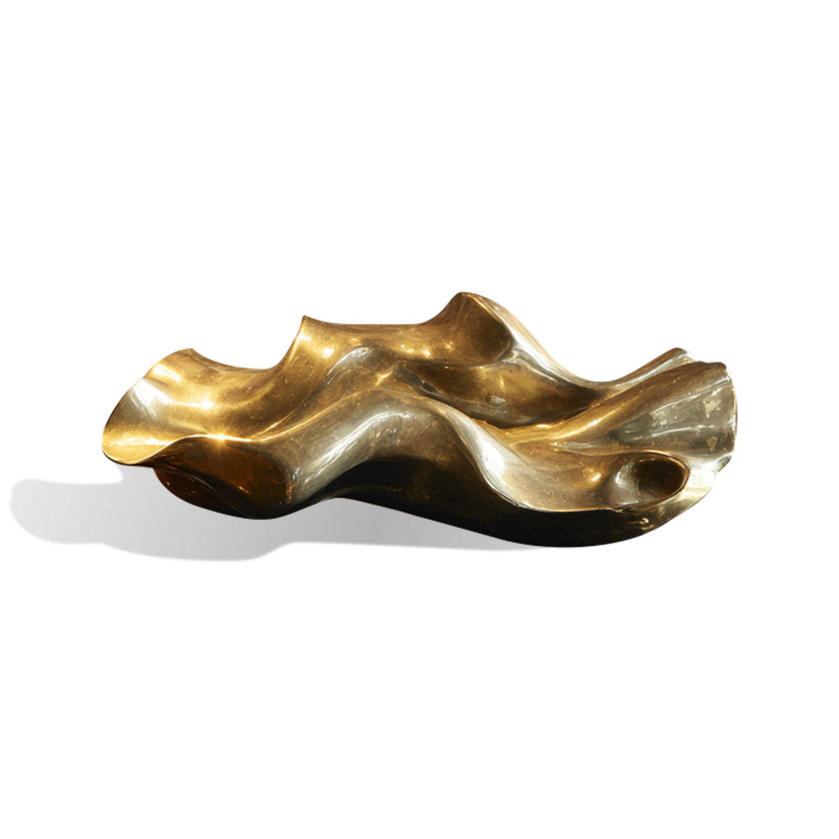 Large abstract bronze sculpture with flowing organic form and polished golden bronze finish