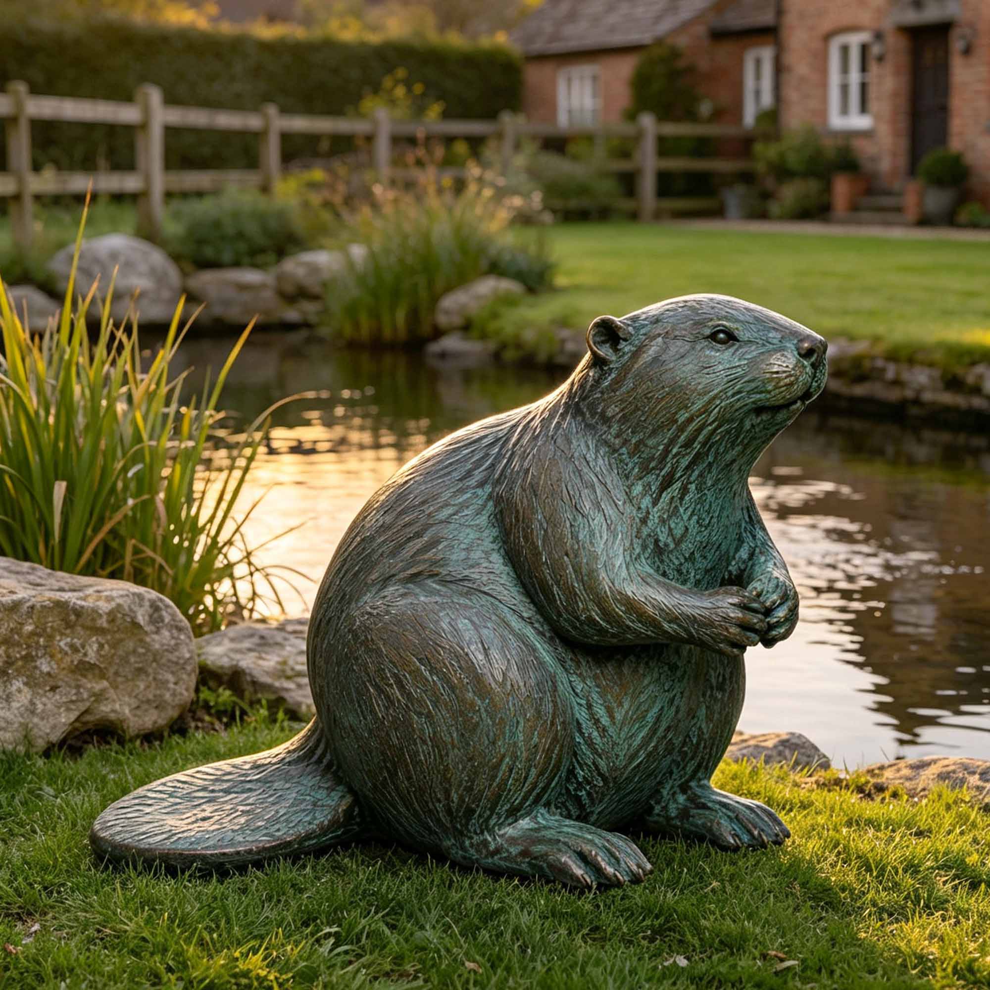 Bronze beaver garden sculpture displayed beside a landscaped pond, featuring realistic fur carving, a broad textured tail, natural seated posture, and aged green verdigris patina finish.