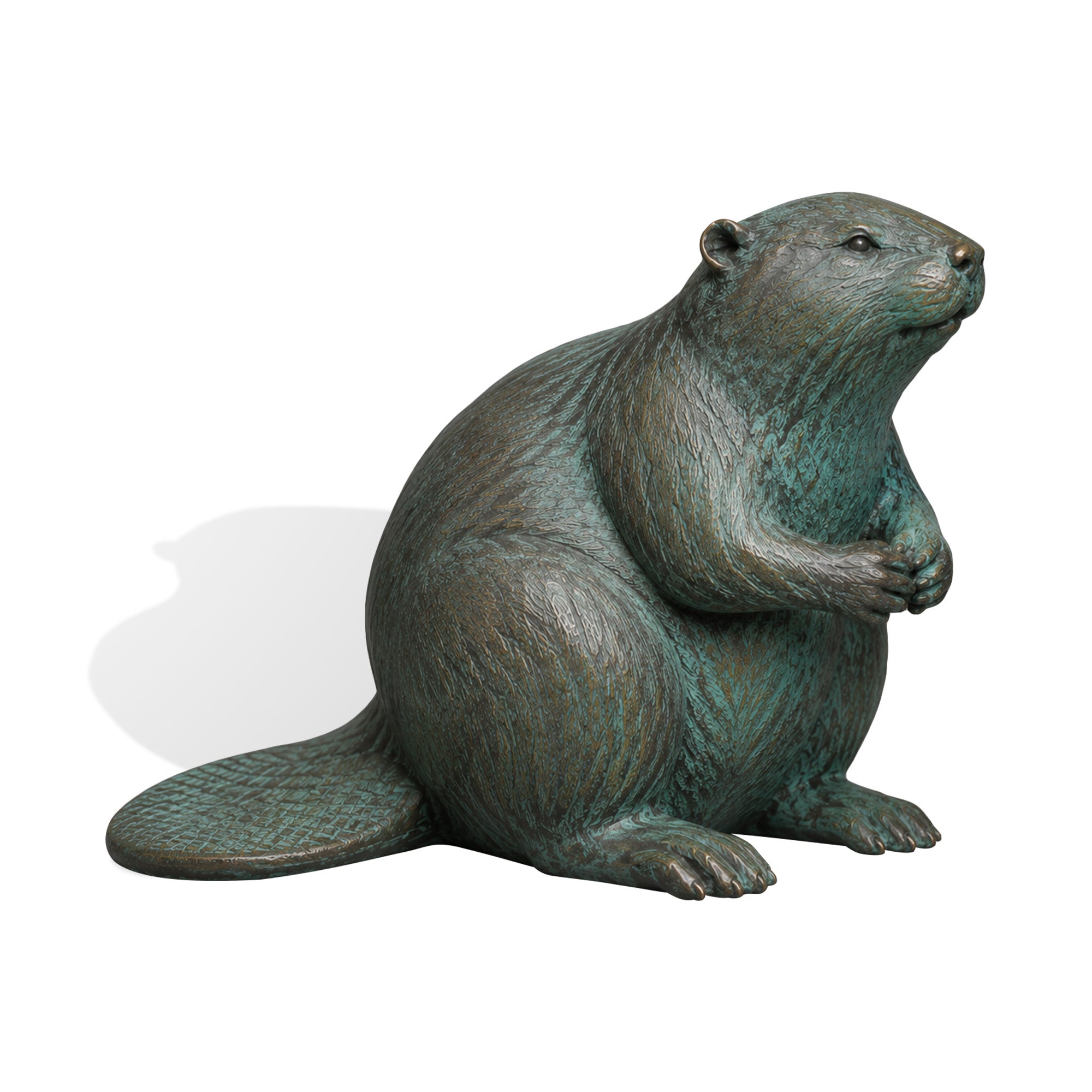 Realistic bronze beaver sculpture in a seated pose with detailed textured fur, small front paws, rounded body, broad flat tail, and hand-applied green verdigris patina finish.