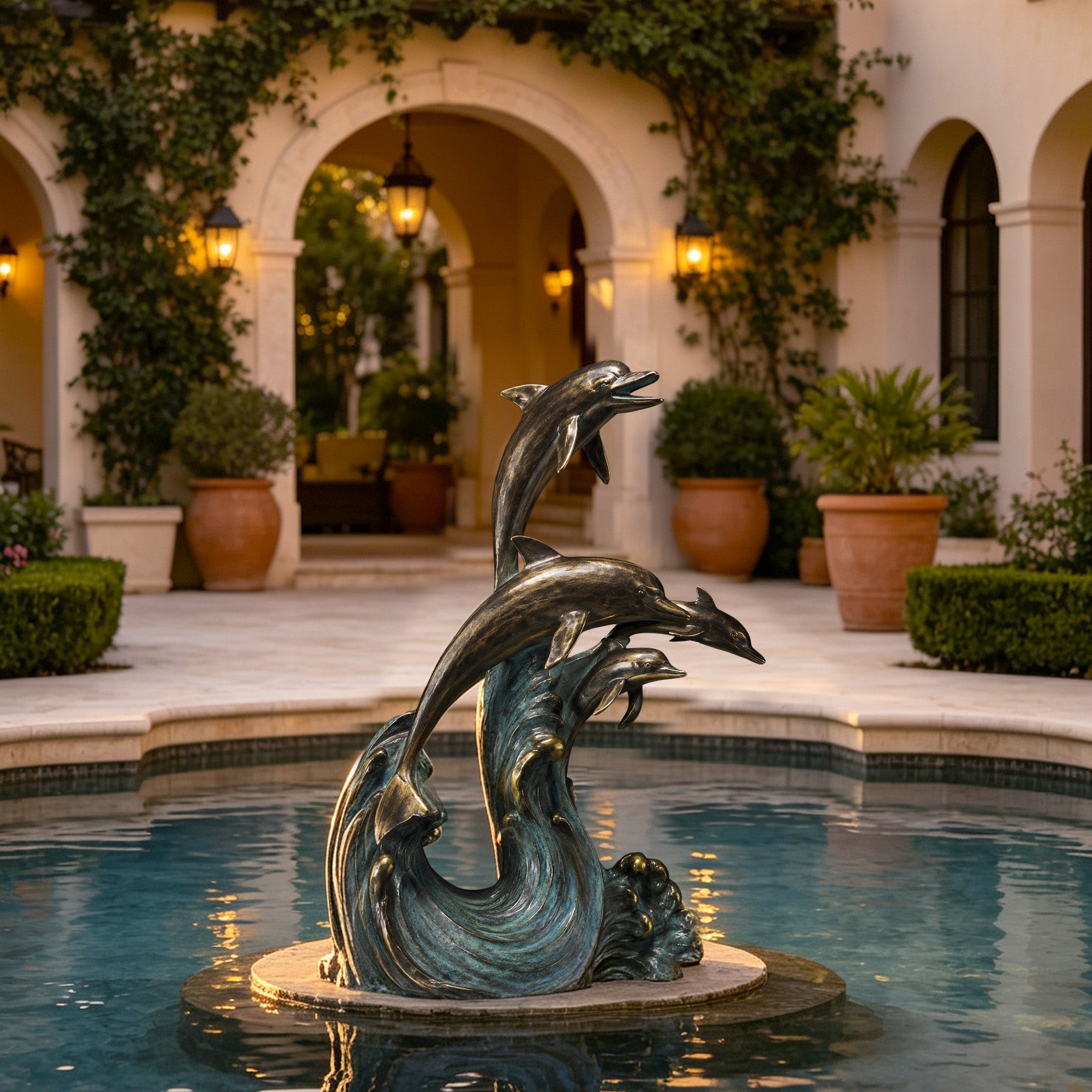 Decorative bronze dolphin sculpture installed in a courtyard pool, showing four dolphins leaping through stylized ocean waves with bronze highlights and a hand-applied verdigris patina finish.