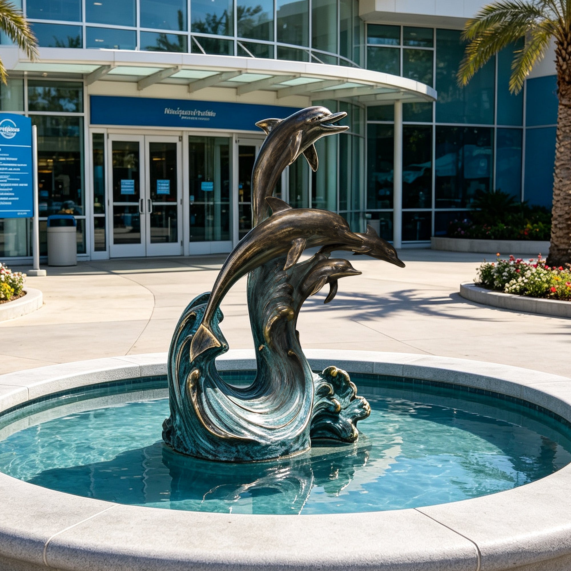 Bronze four-dolphin sculpture displayed in a circular fountain outside a modern commercial building, featuring leaping dolphins, curling ocean waves, and a verdigris patina finish.
