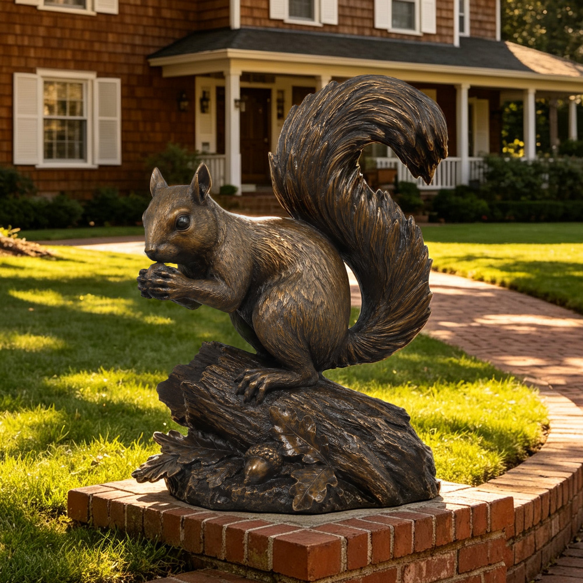 Decorative bronze squirrel sculpture displayed in a residential garden, featuring a squirrel holding an acorn, a dramatic curled tail, textured log, oak leaves, and an antique bronze finish.