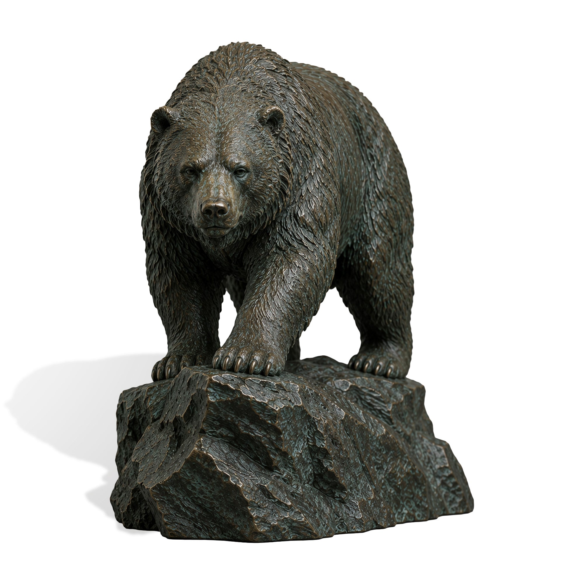 Realistic bronze bear statue shown on a white background, standing in a forward-moving pose on a textured rocky base with finely sculpted fur, defined claws and facial details, and a weathered verdigris bronze finish.
