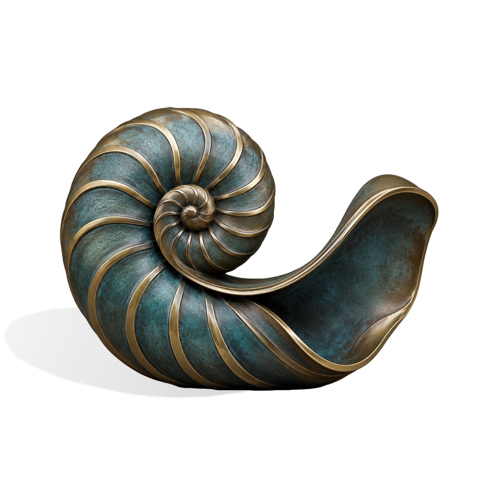 Decorative bronze nautilus shell statue shown on a white background, designed with a bold spiral silhouette, sweeping curved opening, raised polished bronze ribs, textured surfaces, and a turquoise verdigris bronze finish.