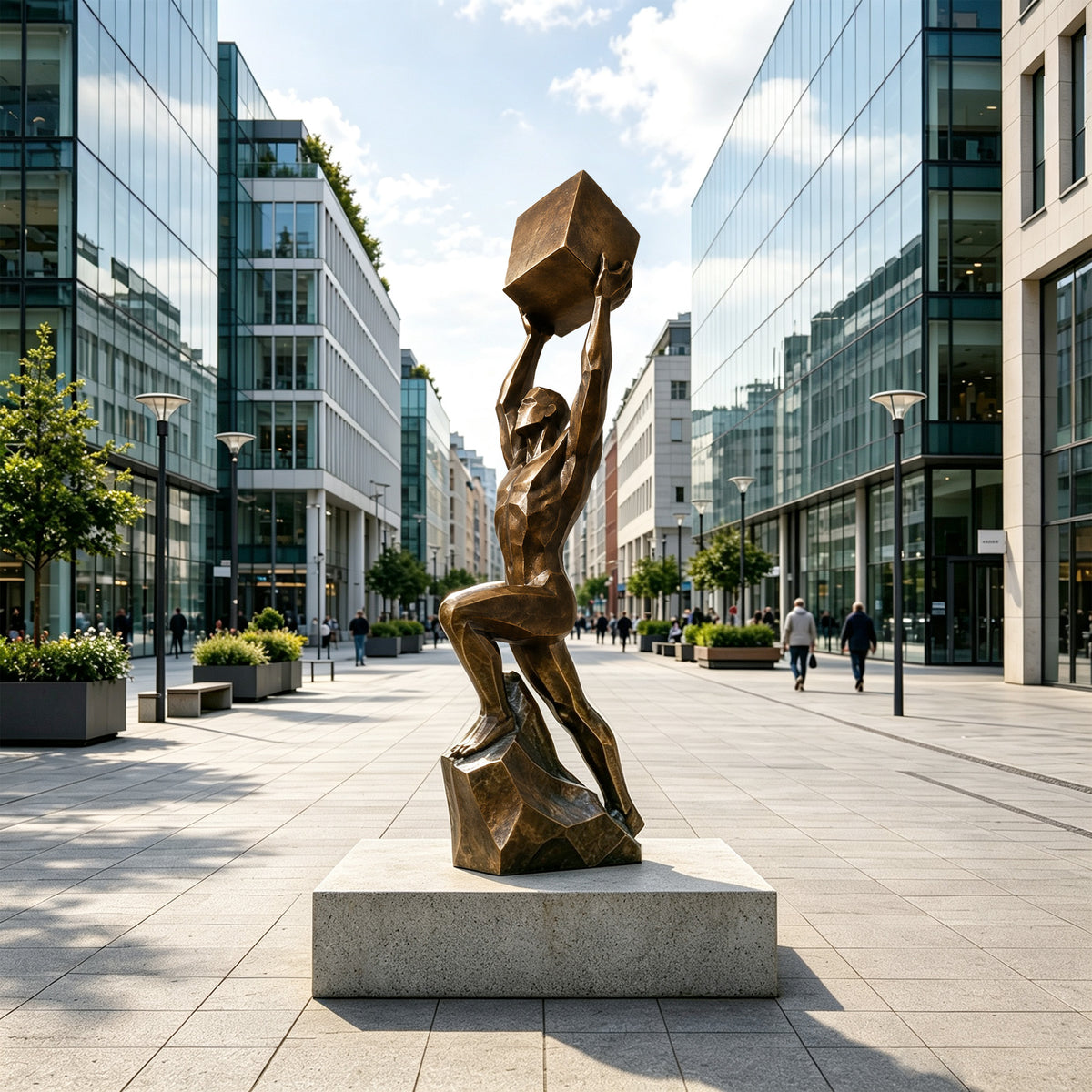 Abstract bronze athlete sculpture shown on a white background, depicting a muscular male figure lifting a large geometric cube overhead while stepping upward on a rocky base, with elongated proportions, angular faceted surfaces, and a warm antique bronze finish.