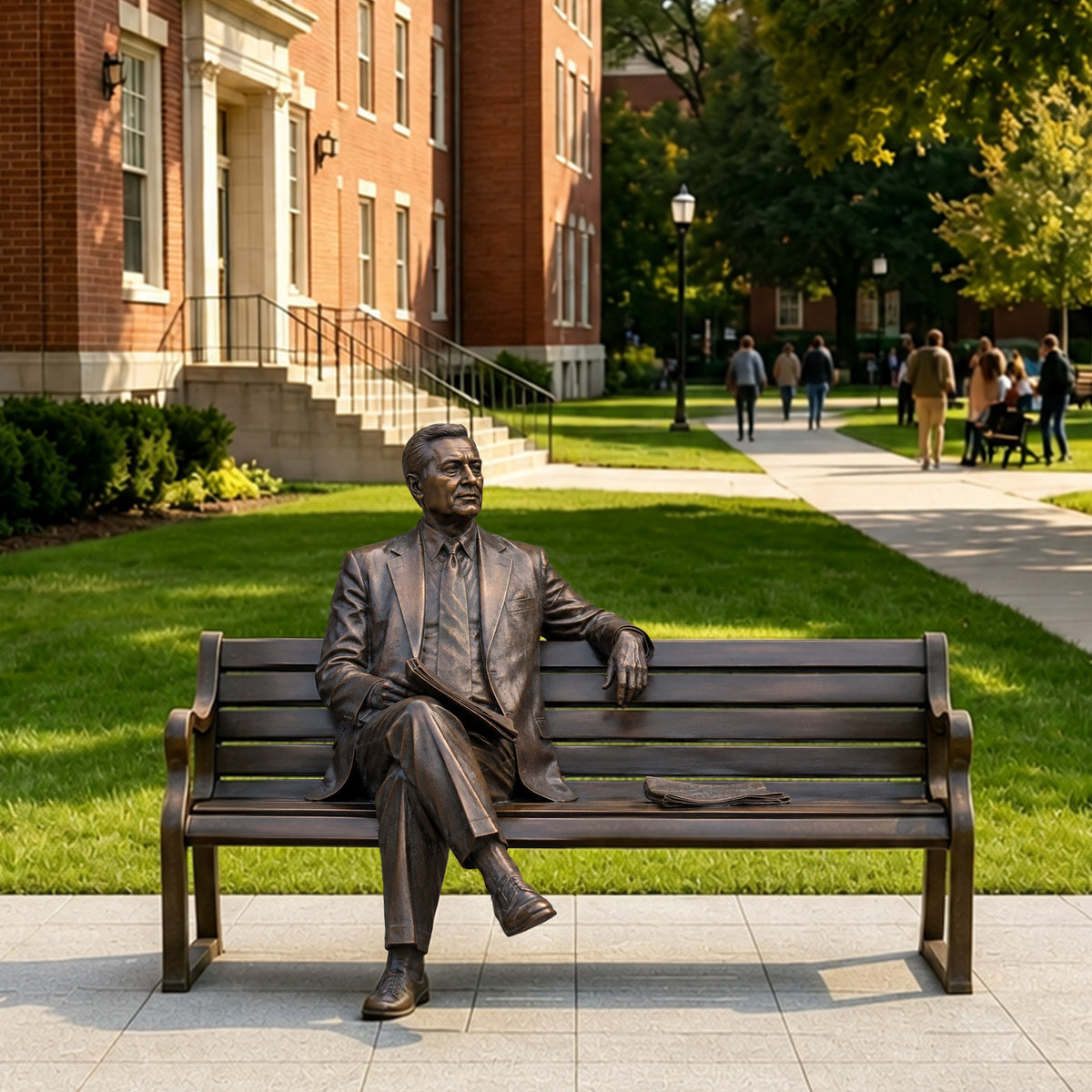 Life-size bronze seated man bench statue installed on a landscaped university campus, depicting a distinguished suited male figure with crossed legs, a document resting on his lap, and one arm casually placed along the bench beside a walkway and brick academic buildings.