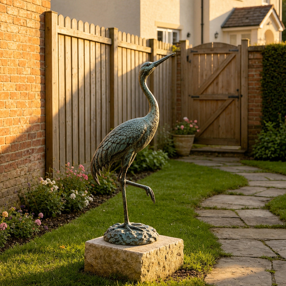 Outdoor bronze crane statue displayed on a stone pedestal in a landscaped backyard garden, with one leg raised, an elongated neck and beak, detailed plumage, and an aged green verdigris surface.