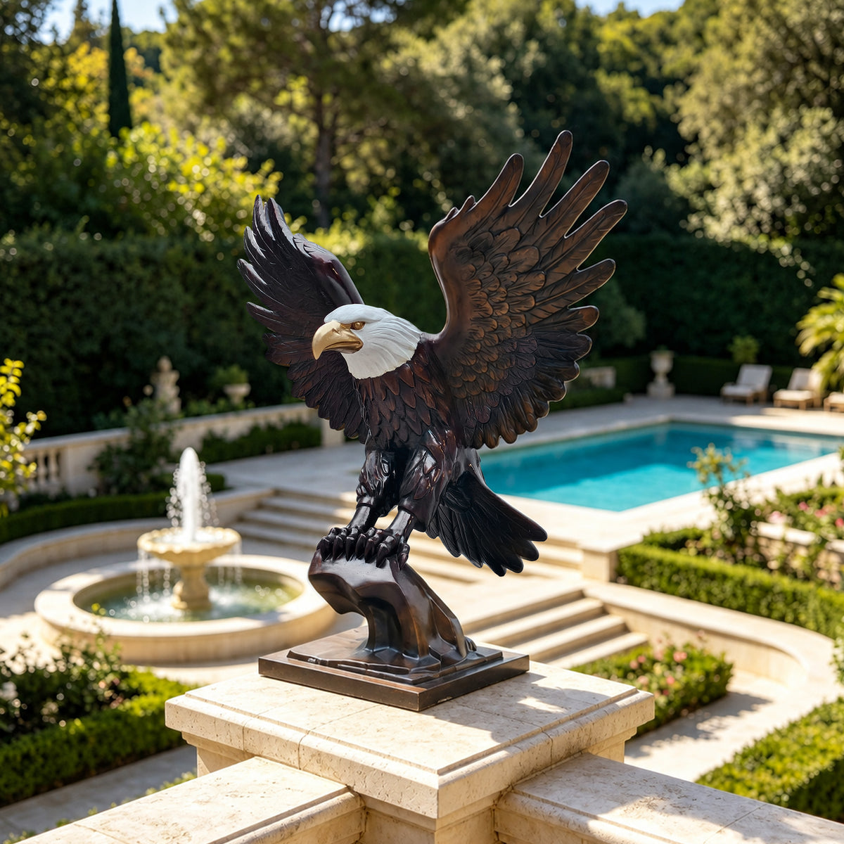 Outdoor bronze bald eagle statue with spread wings displayed in a landscaped garden beside a swimming pool