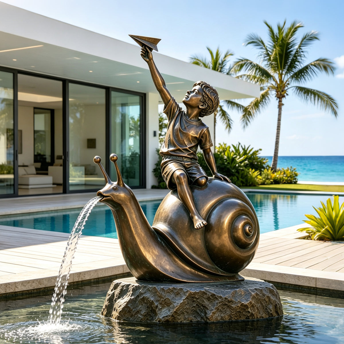 Bronze snail fountain with a boy holding a paper airplane, installed as an outdoor water feature beside a pool