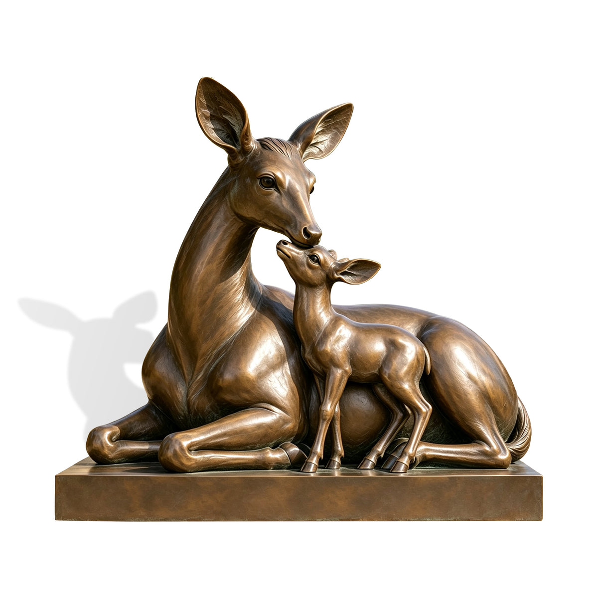 Mother and baby deer bronze sculpture featuring a reclining doe gently touching her standing fawn