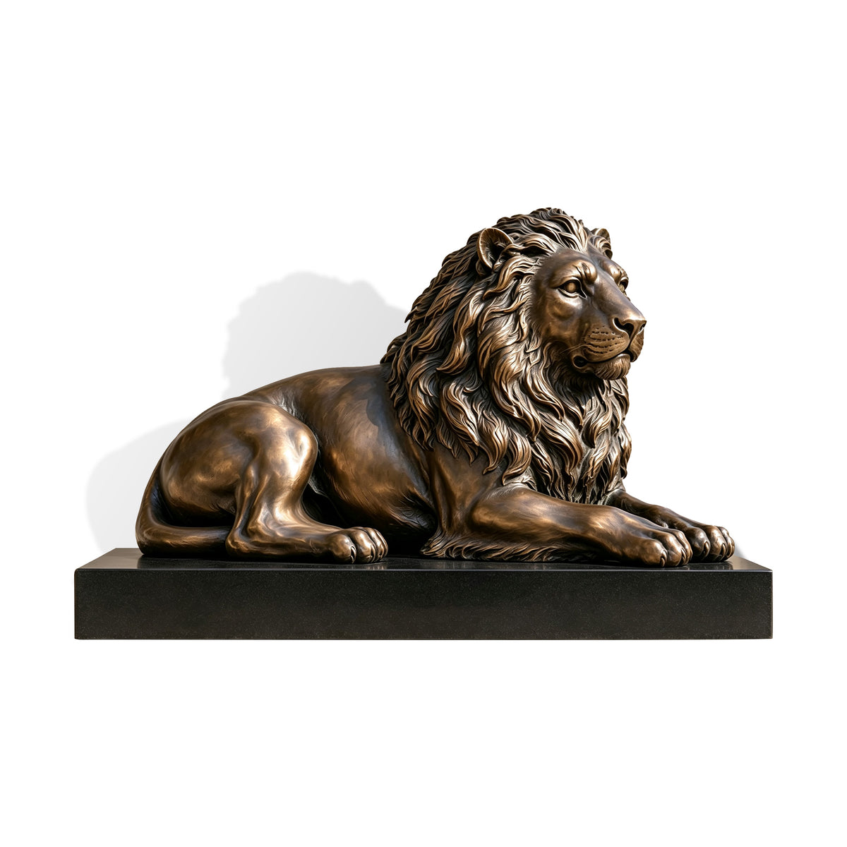 Large reclining bronze lion statue with realistic mane details and majestic resting pose