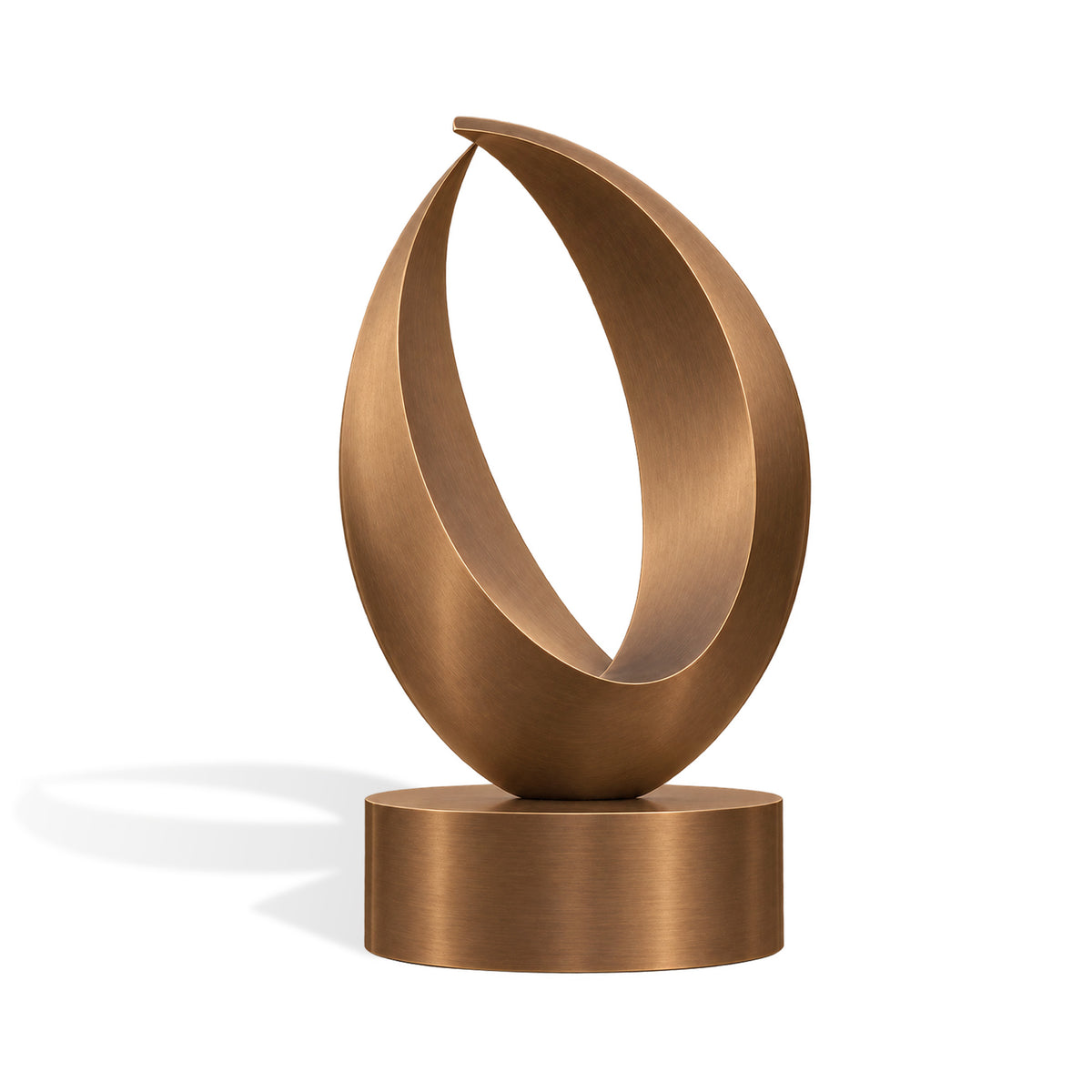 Modern abstract bronze loop sculpture with brushed metal finish and flowing curved design